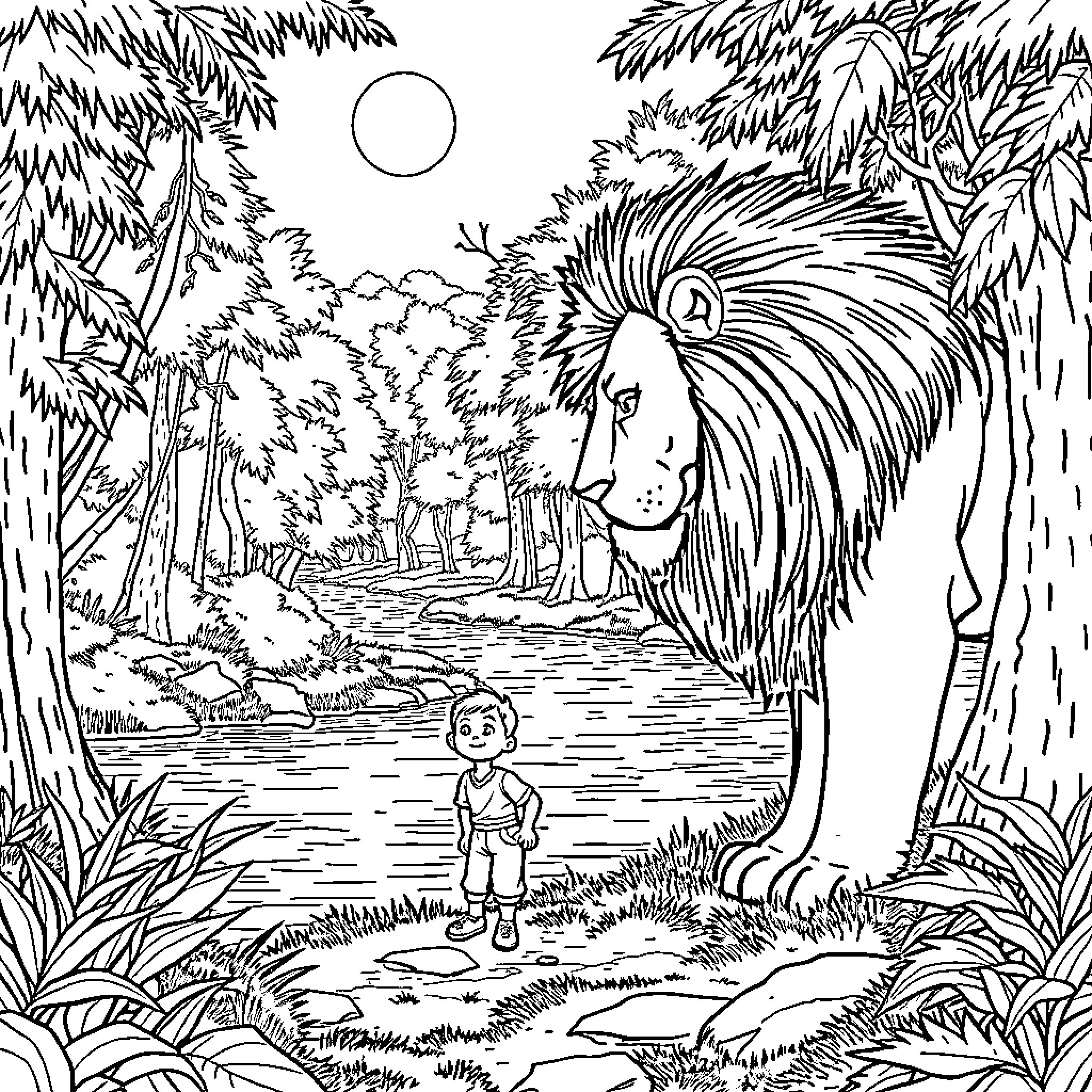 Lion in the Jungle Wilderness Coloring Page (free black-and-white line drawing printable PDF for all, from beginners to advanced learners, including children, teens, adults, and seniors)