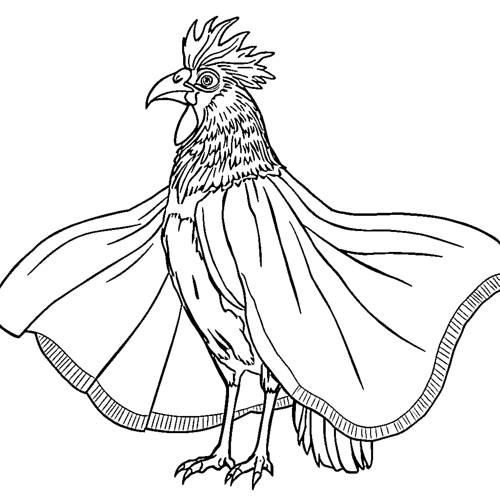 Galo the Magnificent Rooster in Flight Coloring Page (free black-and-white line drawing printable PDF for all, from beginners to advanced learners, including children, teens, adults, and seniors)