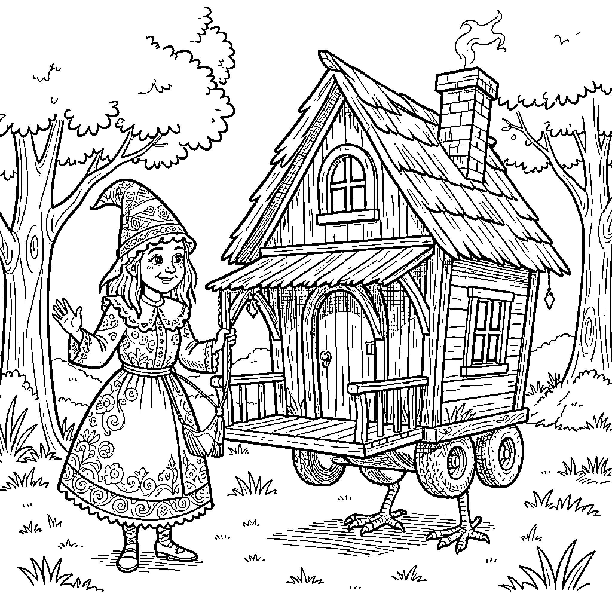 Baba Yaga's Enchanted Cottage on Wheels Coloring Page (free black-and-white line drawing printable PDF for all, from beginners to advanced learners, including children, teens, adults, and seniors)