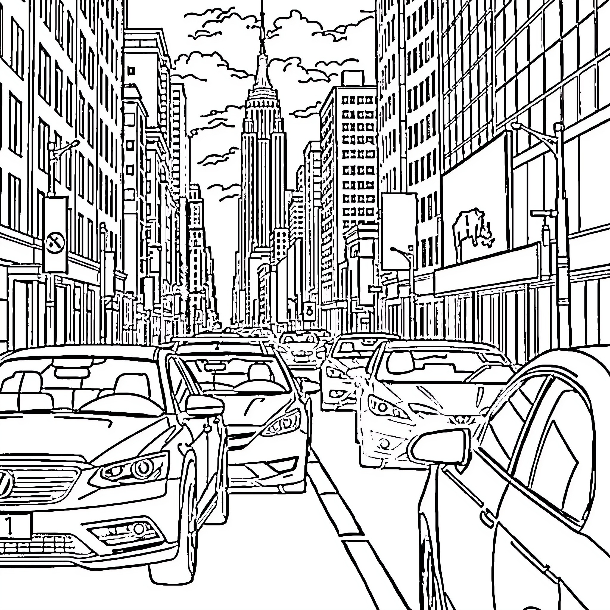 Cars in the City Street with Skyscrapers Coloring Page (free black-and-white line drawing printable PDF for all, from beginners to advanced learners, including children, teens, adults, and seniors)