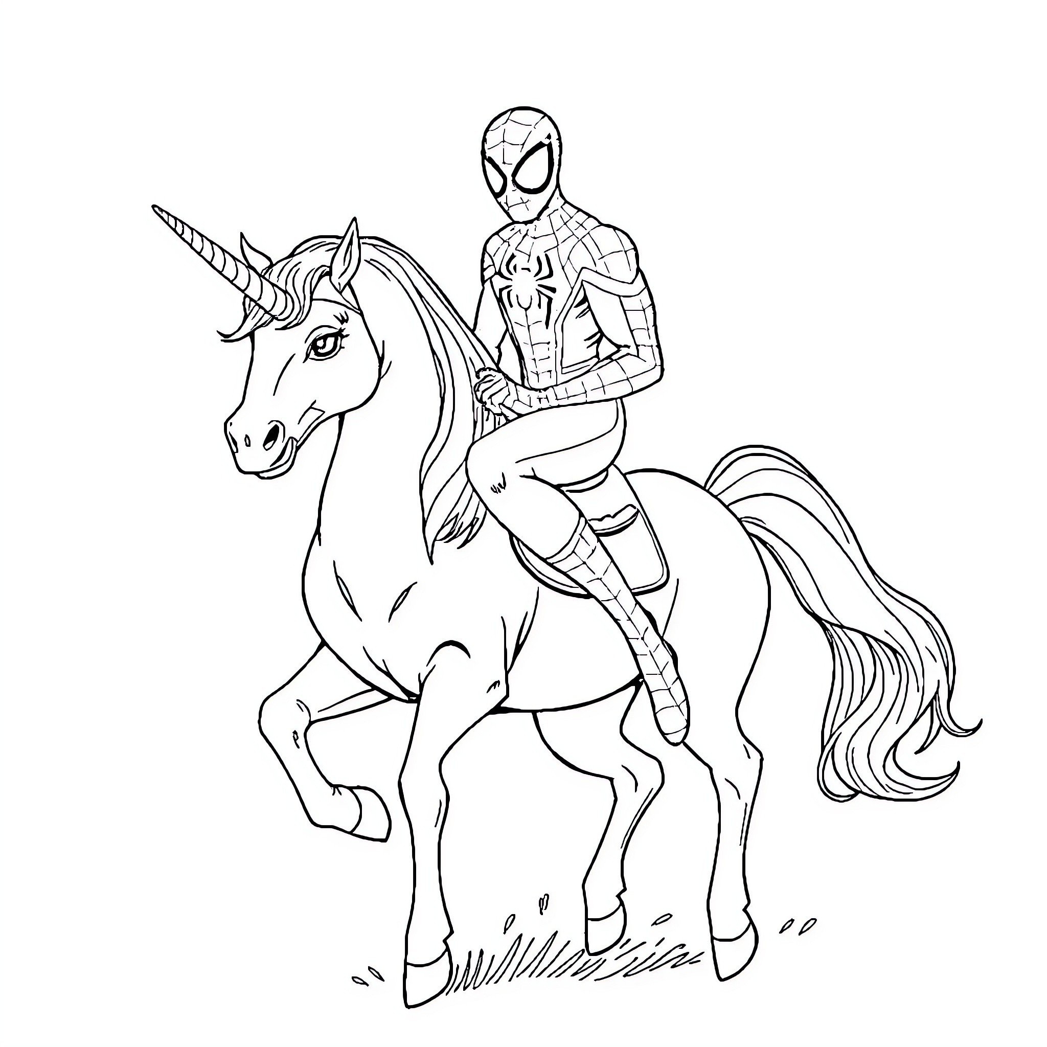 Spider-Man riding a magical unicorn Coloring Page (free black-and-white line drawing printable PDF for all, from beginners to advanced learners, including children, teens, adults, and seniors)