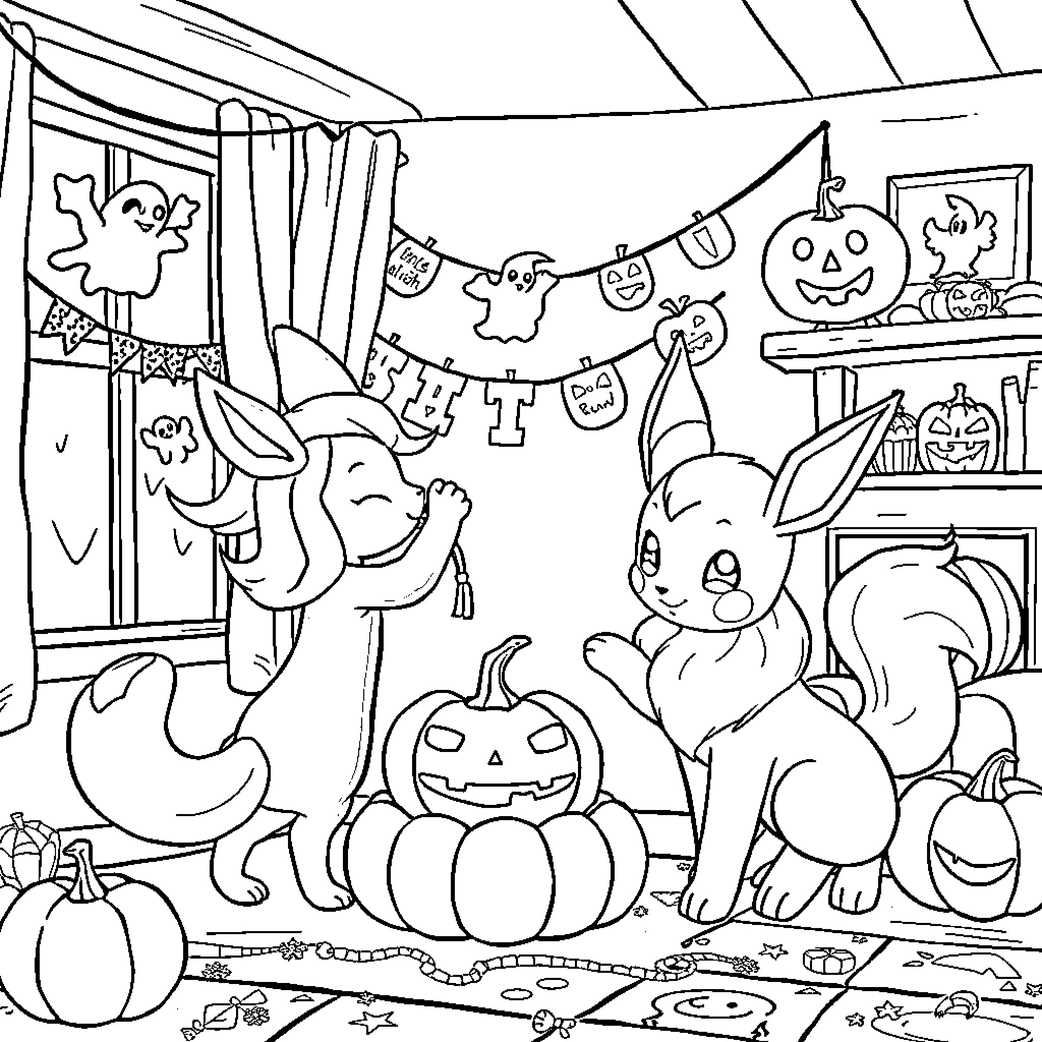 Ninetales celebrating Halloween with friends Coloring Page (free black-and-white line drawing printable PDF for all, from beginners to advanced learners, including children, teens, adults, and seniors)