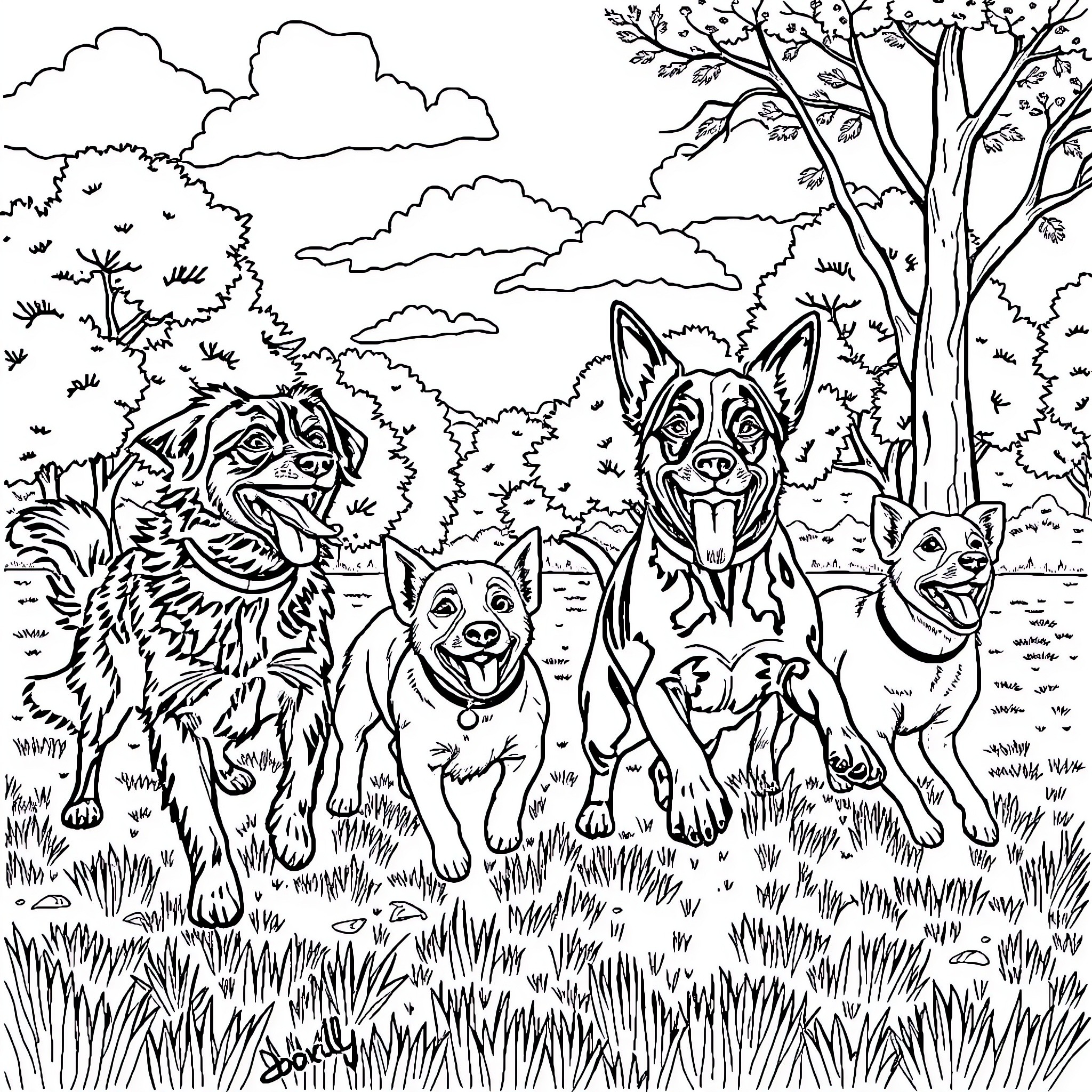 Dog Pack Exploring the Scenic Outdoors Coloring Page (free black-and-white line drawing printable PDF for all, from beginners to advanced learners, including children, teens, adults, and seniors)