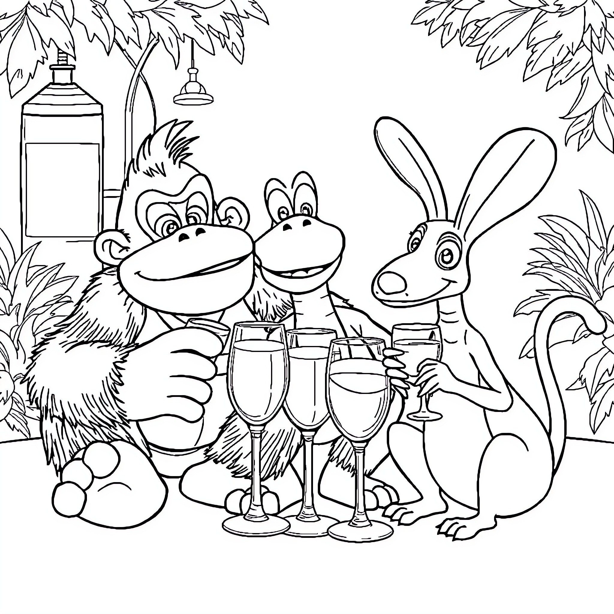 Donkey Kong and friends celebrate with champagne Coloring Page (free black-and-white line drawing printable PDF for all, from beginners to advanced learners, including children, teens, adults, and seniors)