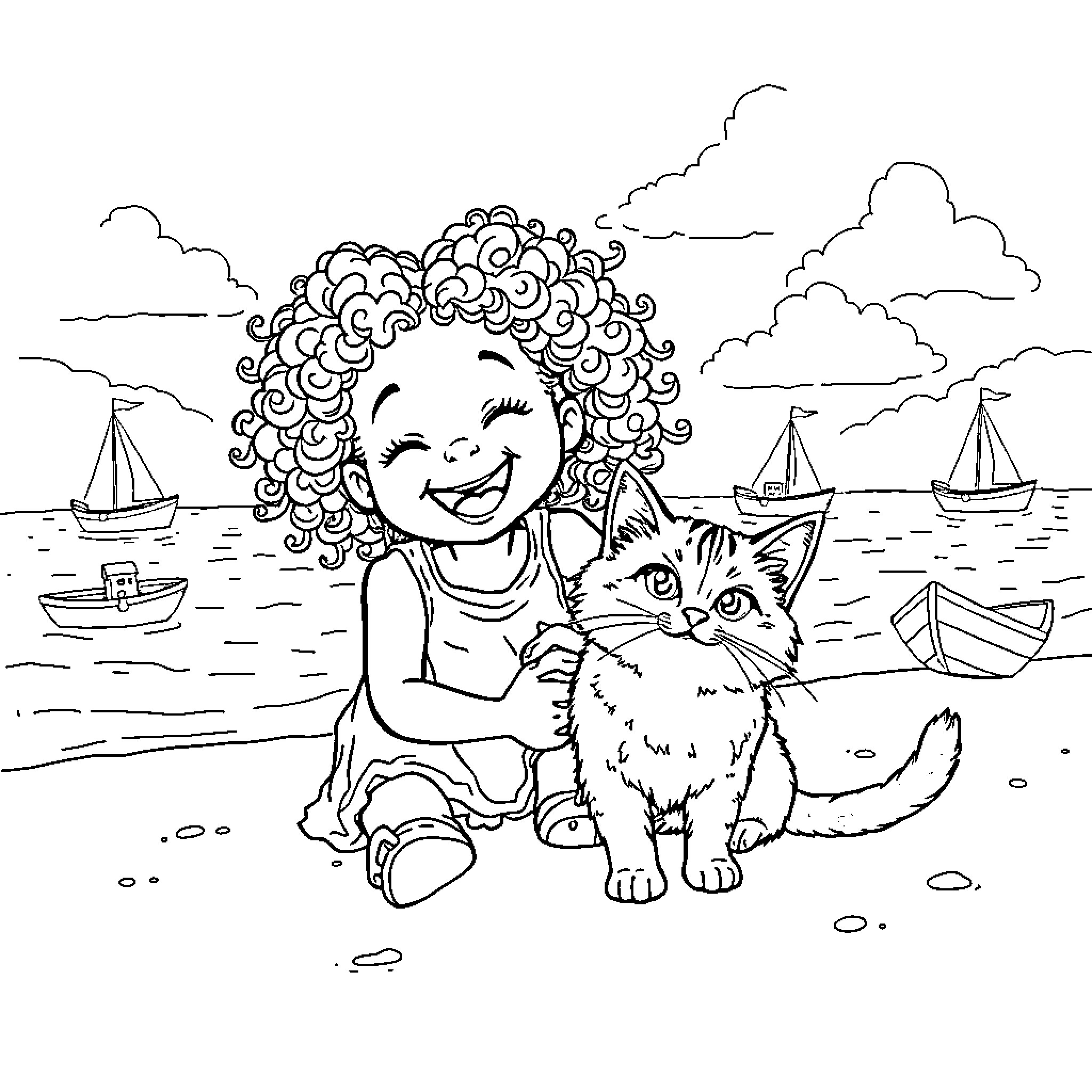 Girl playing happily with her pet cat on the beach Coloring Page (free black-and-white line drawing printable PDF for all, from beginners to advanced learners, including children, teens, adults, and seniors)