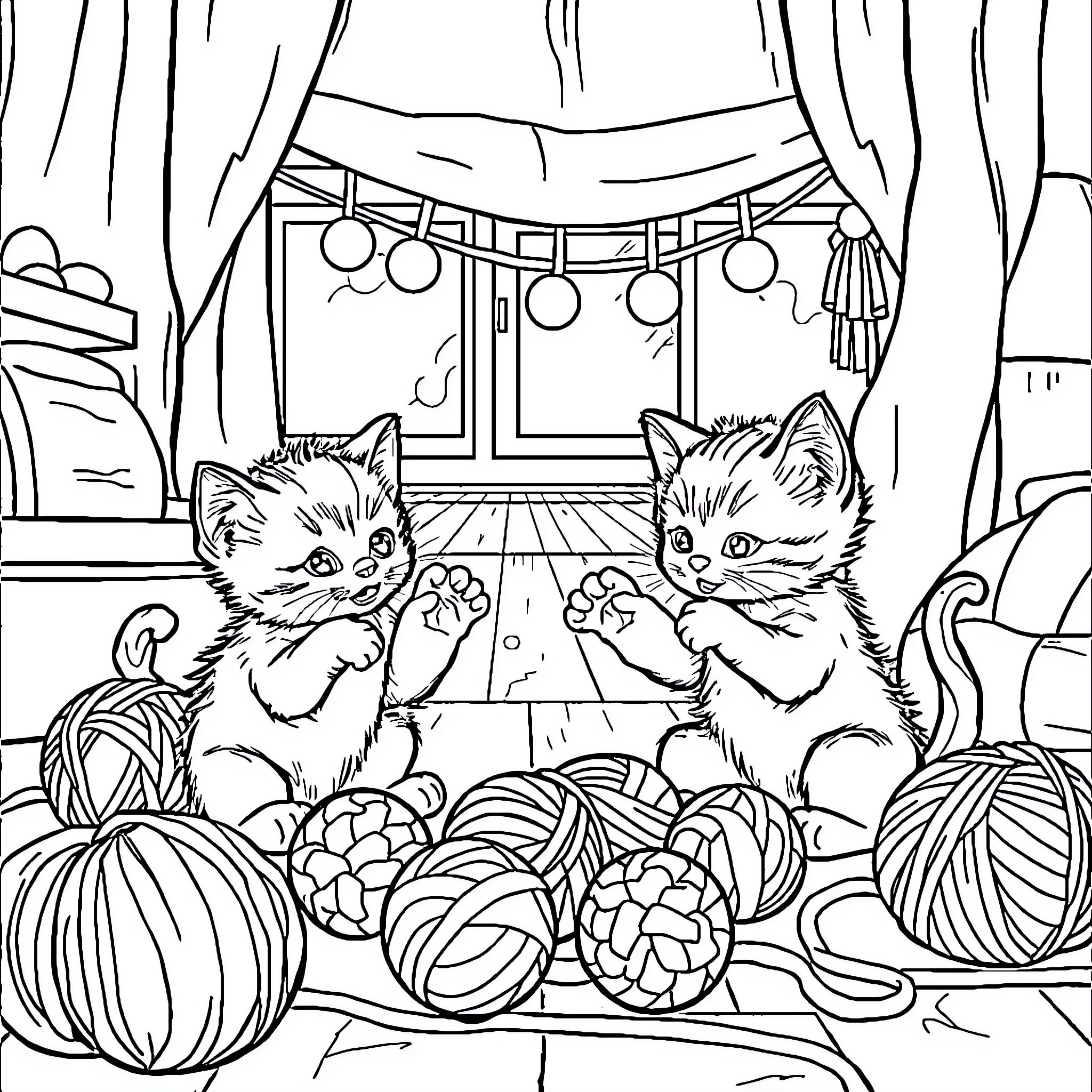 Kittens playing in a cozy autumn scene Coloring Page (free black-and-white line drawing printable PDF for all, from beginners to advanced learners, including children, teens, adults, and seniors)