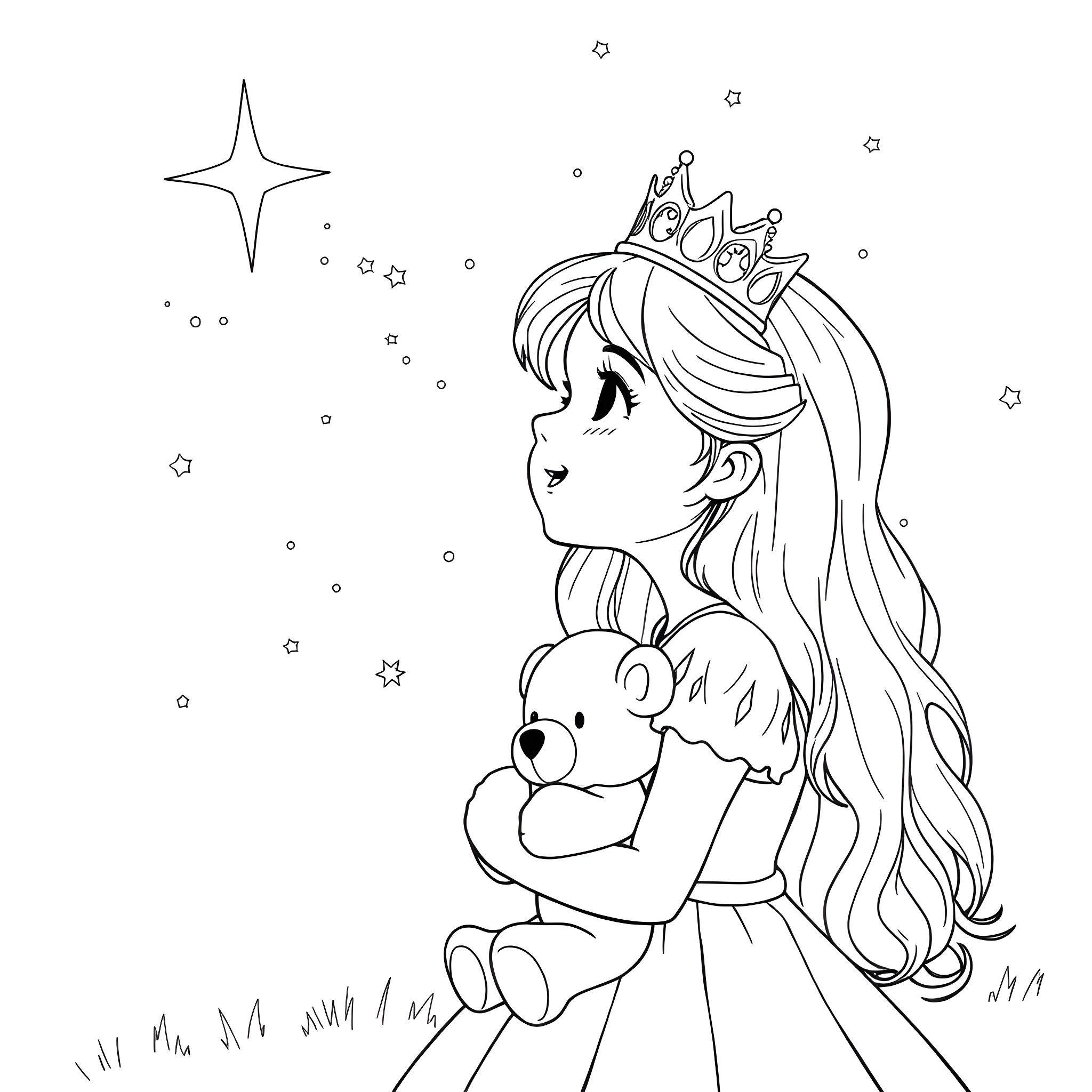 Princess Gazing at the Starry Sky with Teddy Bear Coloring Page (free black-and-white line drawing printable PDF for all, from beginners to advanced learners, including children, teens, adults, and seniors)