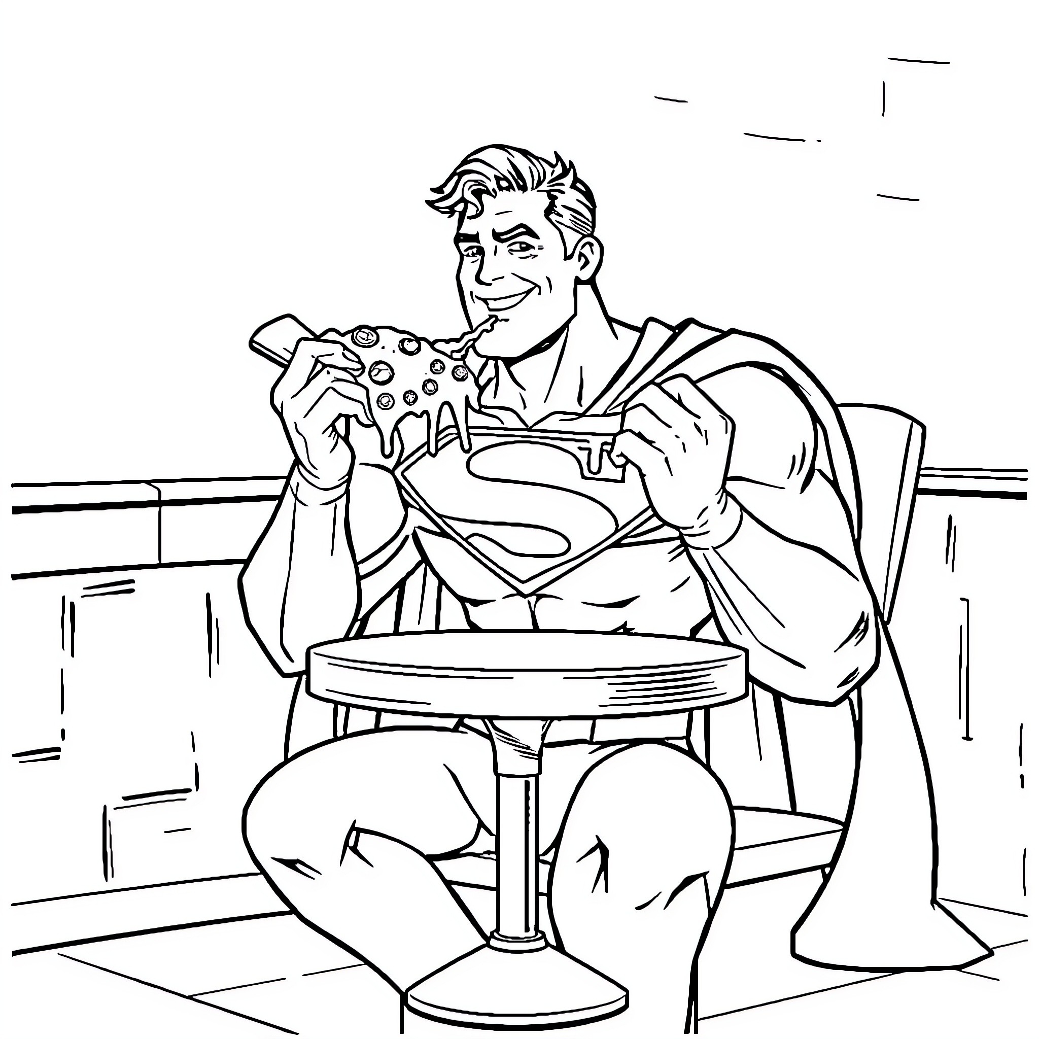 Superman enjoying a snack in a cafe Coloring Page (free black-and-white line drawing printable PDF for all, from beginners to advanced learners, including children, teens, adults, and seniors)