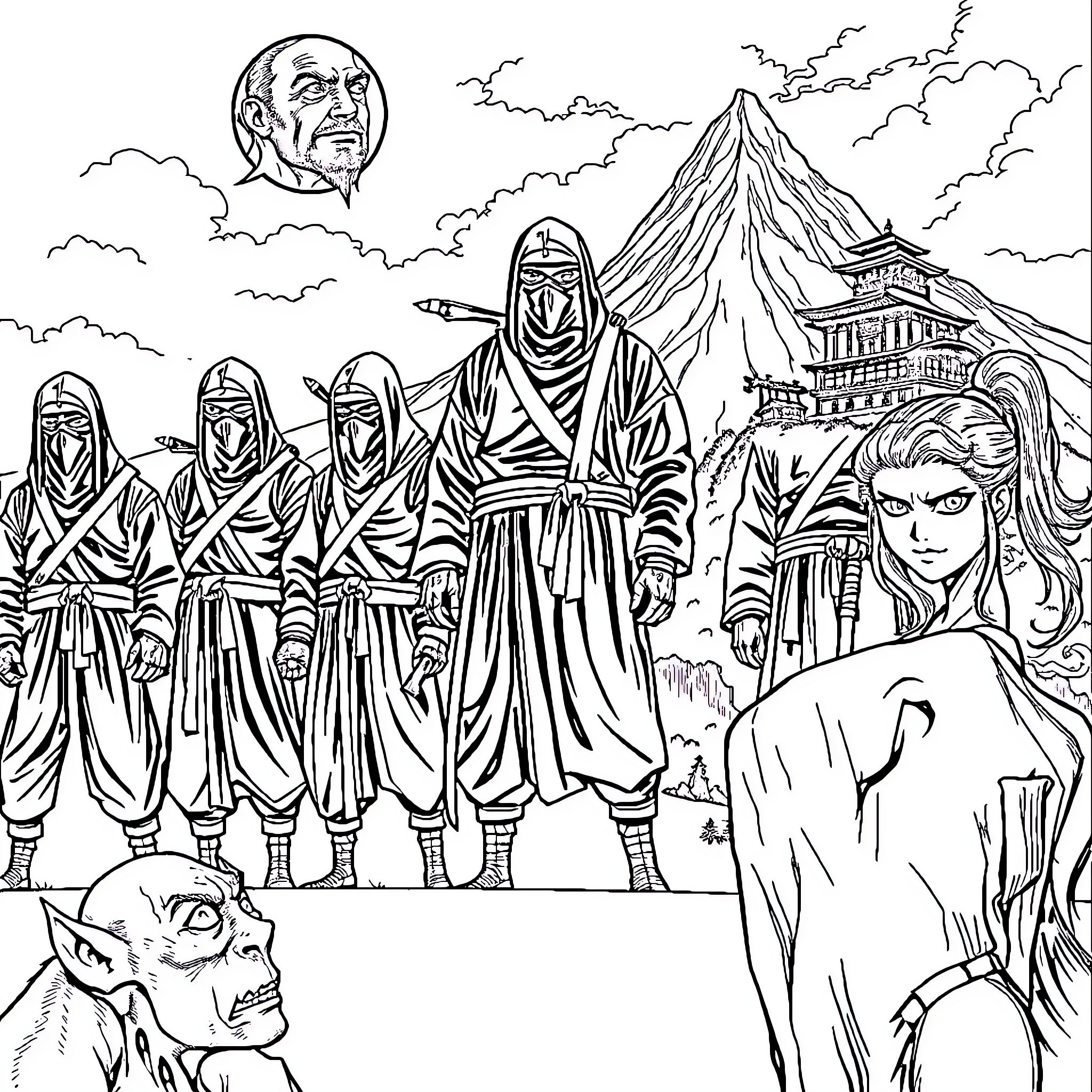 Ninja warriors march before a mountain temple Coloring Page (free black-and-white line drawing printable PDF for all, from beginners to advanced learners, including children, teens, adults, and seniors)