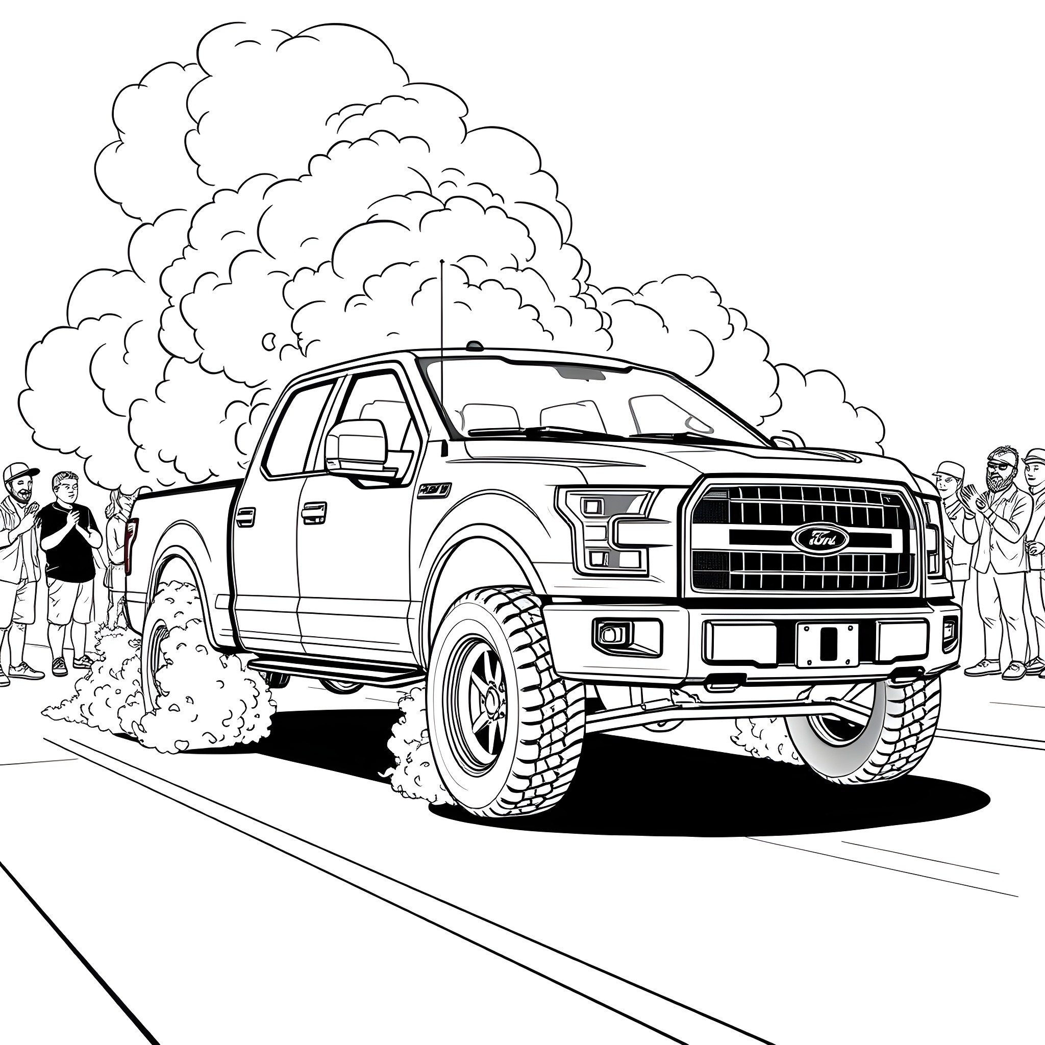 F150 Truck Kicking Up Dirt in Rugged Outdoor Scene Coloring Page (free black-and-white line drawing printable PDF for all, from beginners to advanced learners, including children, teens, adults, and seniors)