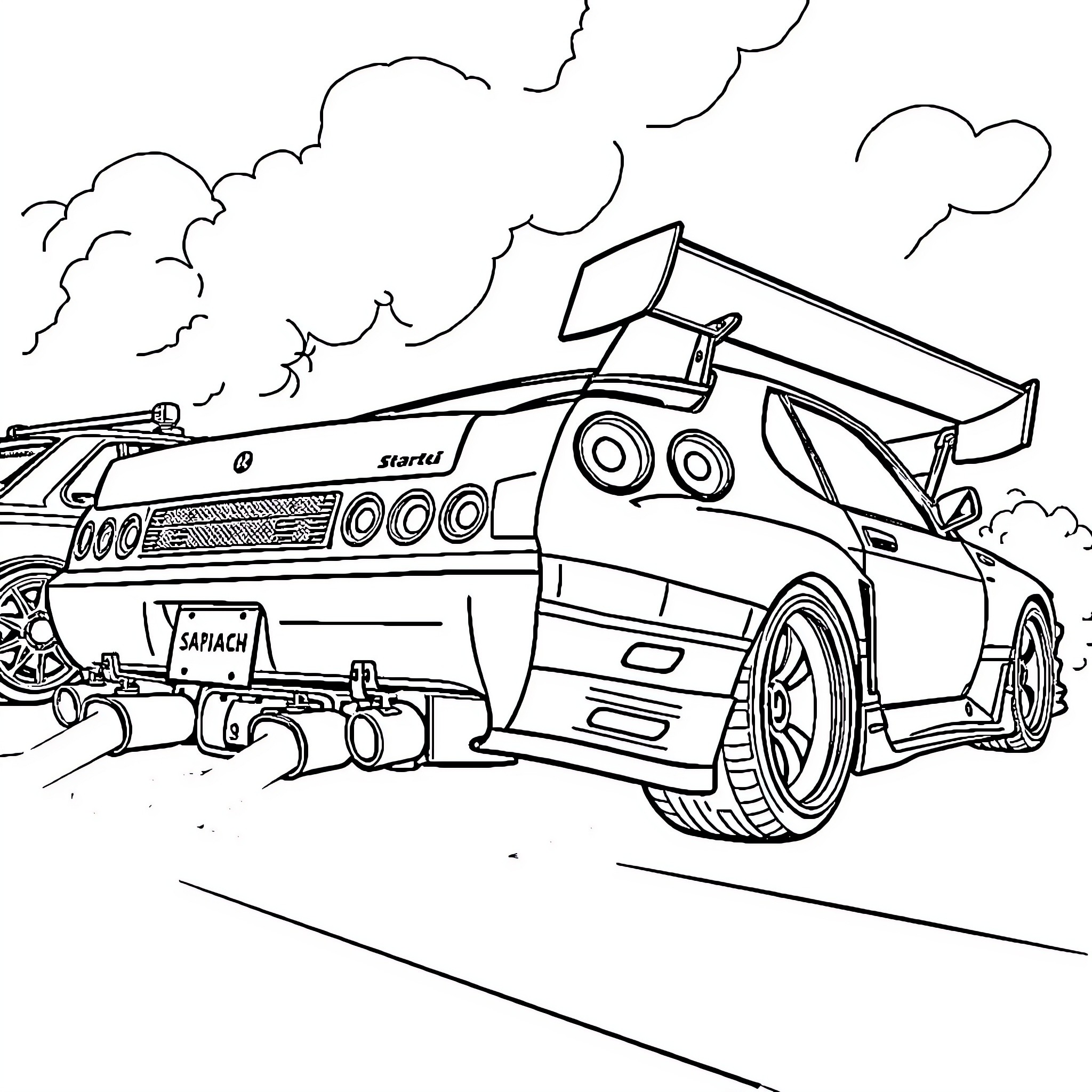 Vehicle speeding with smoke on the road Coloring Page (free black-and-white line drawing printable PDF for all, from beginners to advanced learners, including children, teens, adults, and seniors)