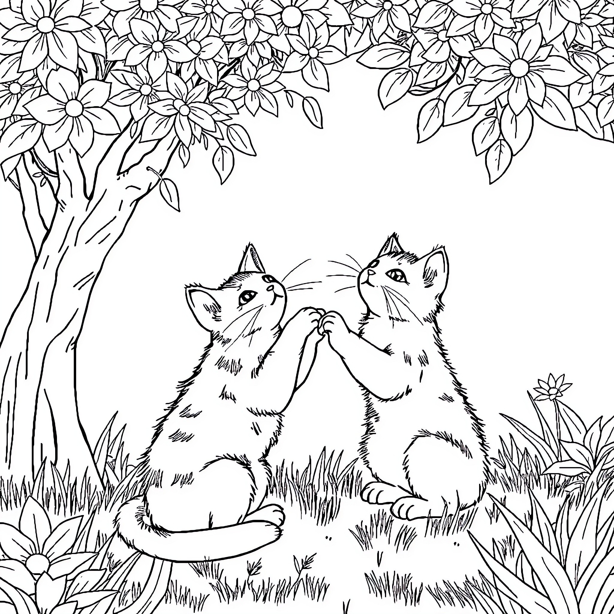 Kittens playing in the garden with flowers Coloring Page (free black-and-white line drawing printable PDF for all, from beginners to advanced learners, including children, teens, adults, and seniors)
