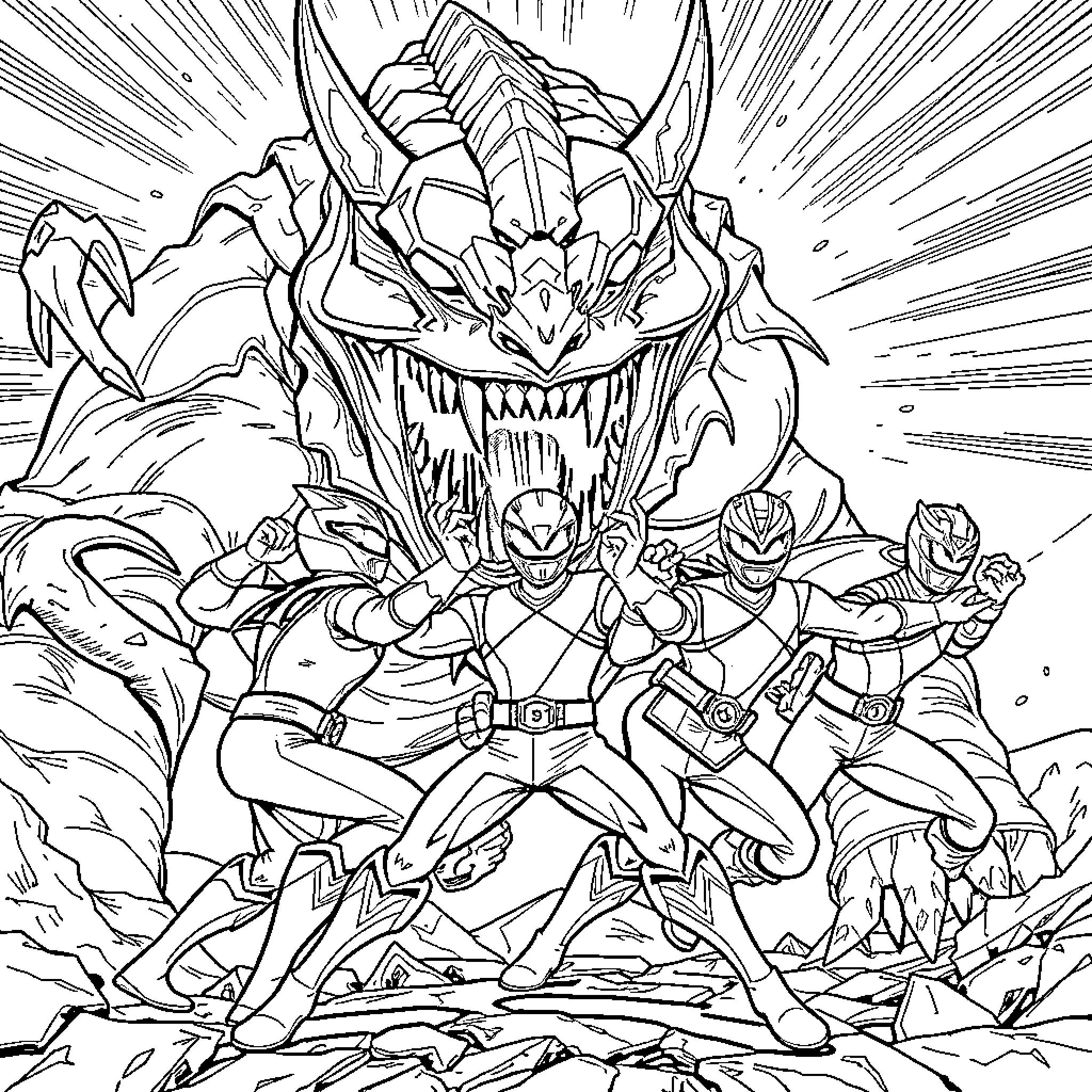Power Rangers Battling a Fierce Monstrous Foe Coloring Page (free black-and-white line drawing printable PDF for all, from beginners to advanced learners, including children, teens, adults, and seniors)
