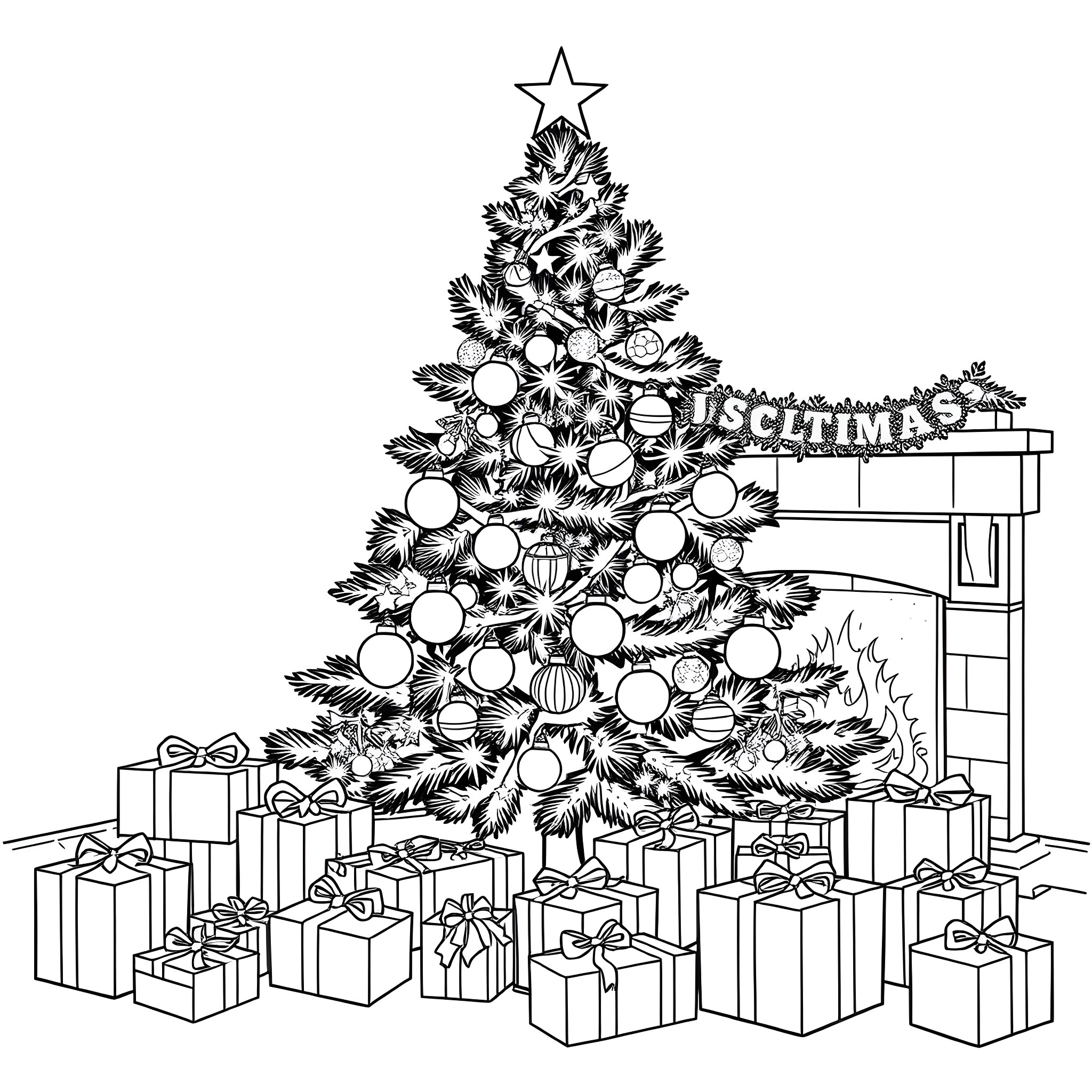 Christmas tree and gifts in the living room Coloring Page (free black-and-white line drawing printable PDF for all, from beginners to advanced learners, including children, teens, adults, and seniors)