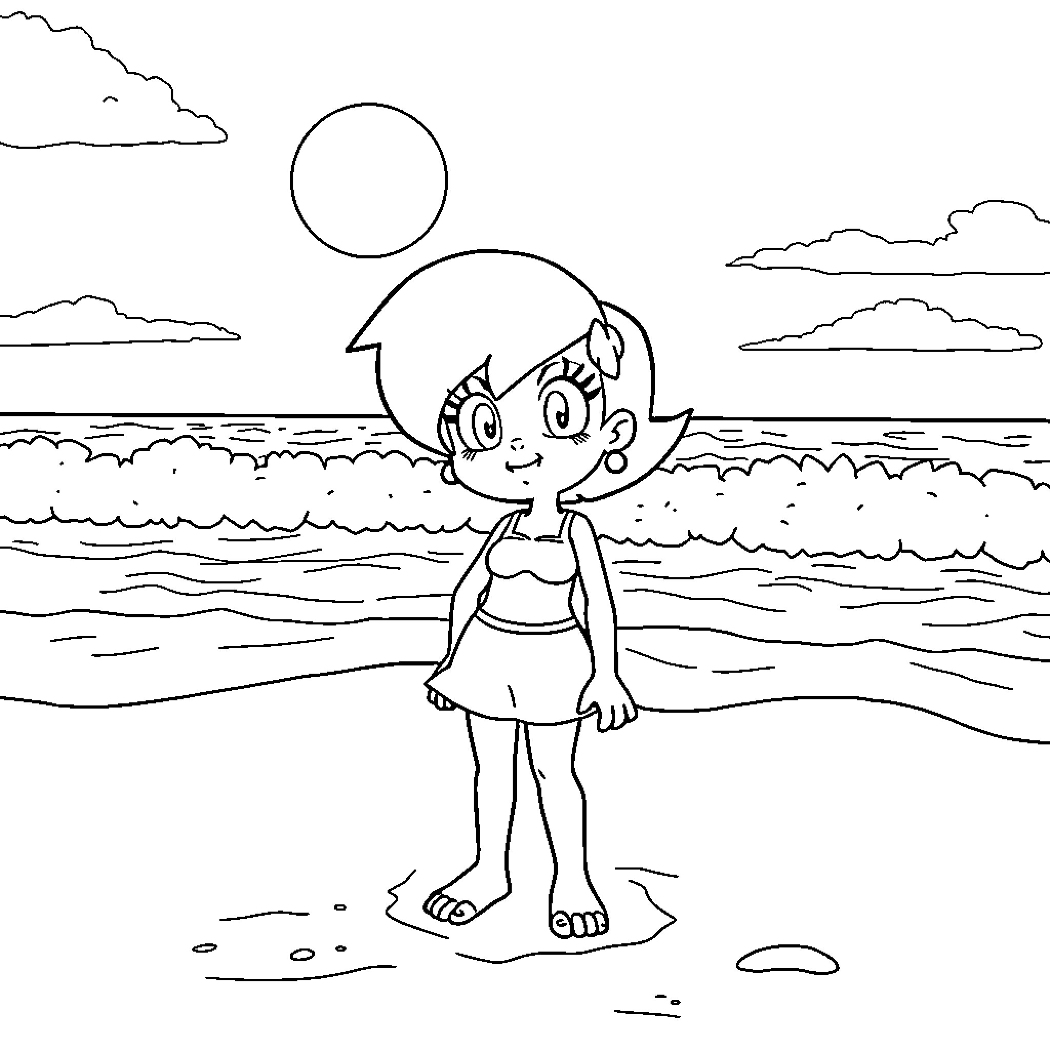 Bulma enjoying a day at the beach Coloring Page (free black-and-white line drawing printable PDF for all, from beginners to advanced learners, including children, teens, adults, and seniors)