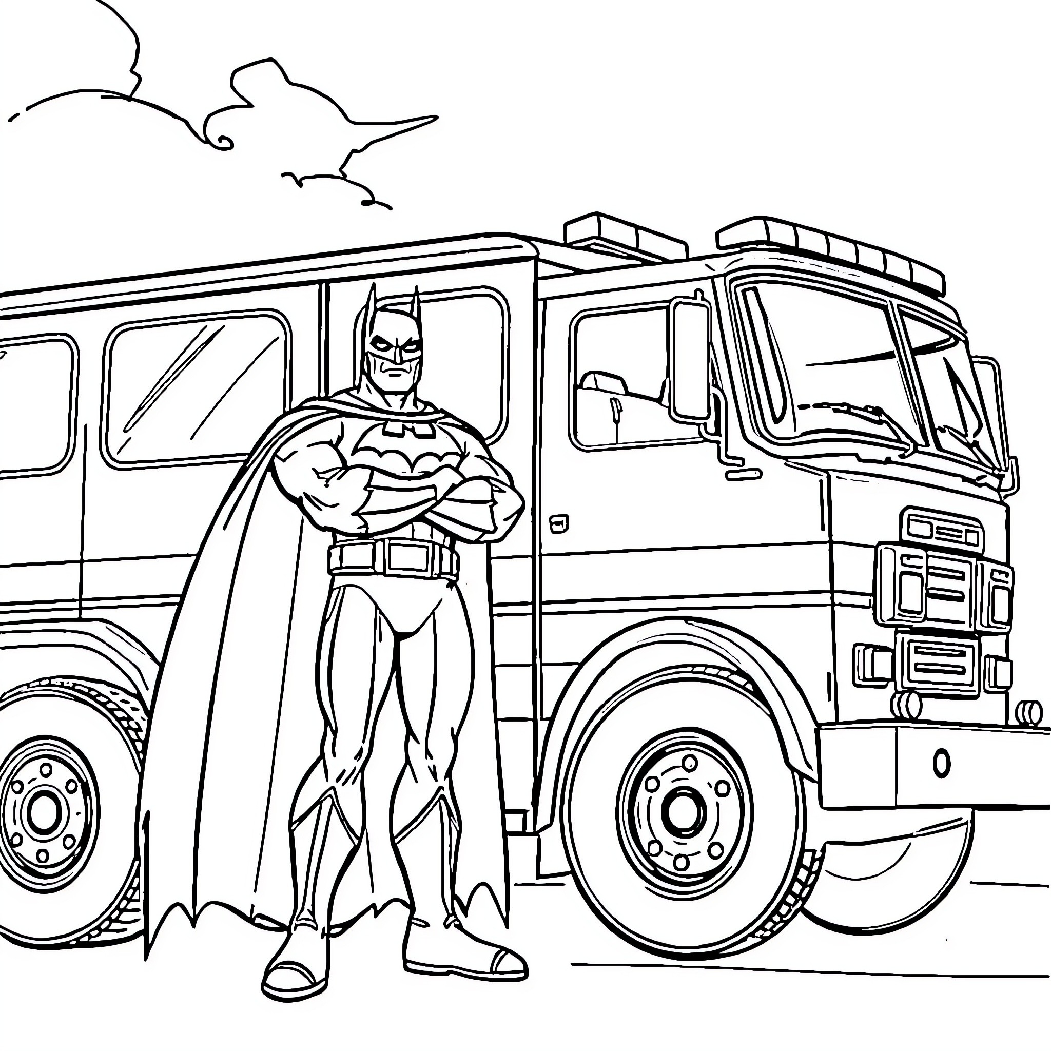 Fire Truck with Superhero in Action Coloring Page (free black-and-white line drawing printable PDF for all, from beginners to advanced learners, including children, teens, adults, and seniors)