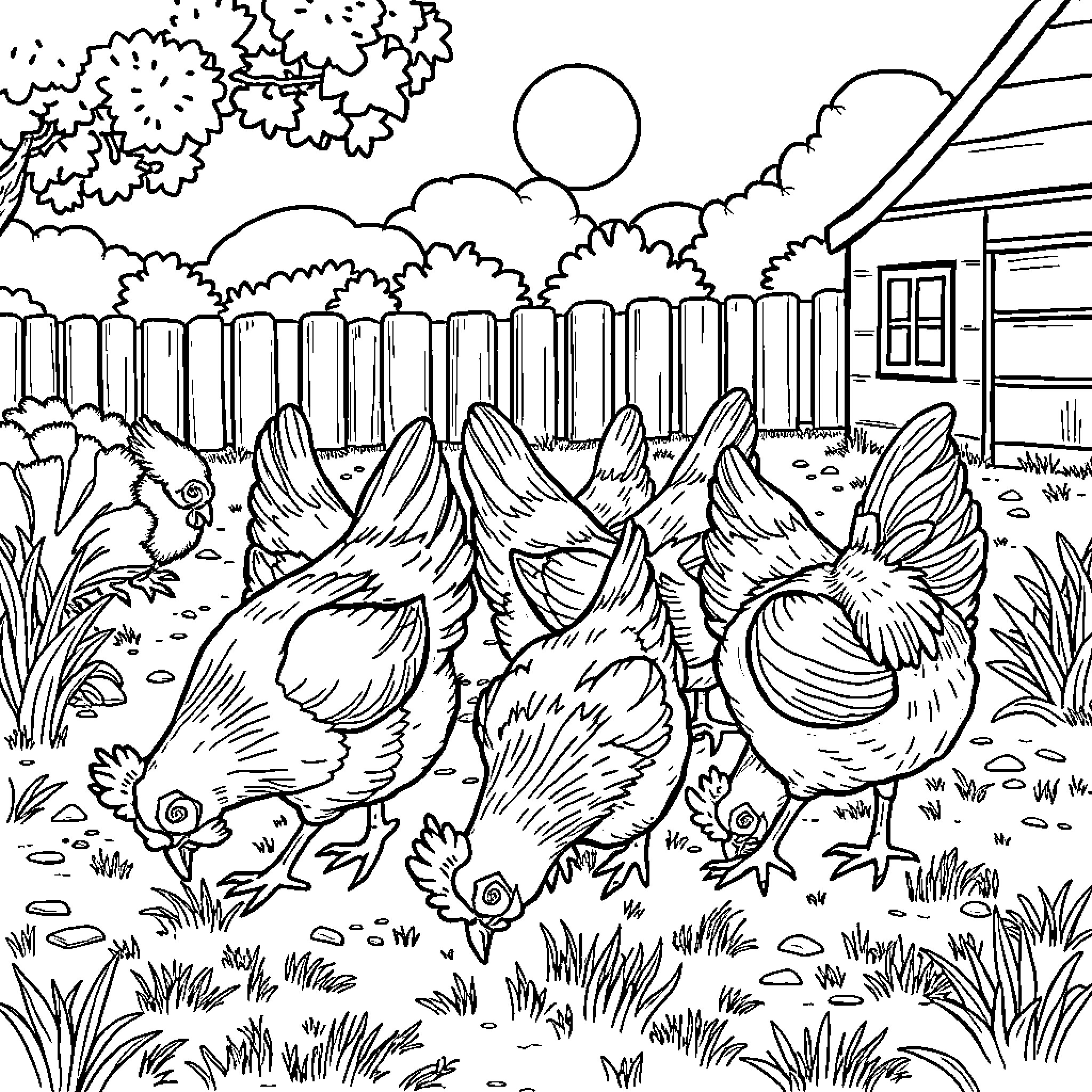 Chicken Flock Roaming in Backyard Landscape Coloring Page (free black-and-white line drawing printable PDF for all, from beginners to advanced learners, including children, teens, adults, and seniors)