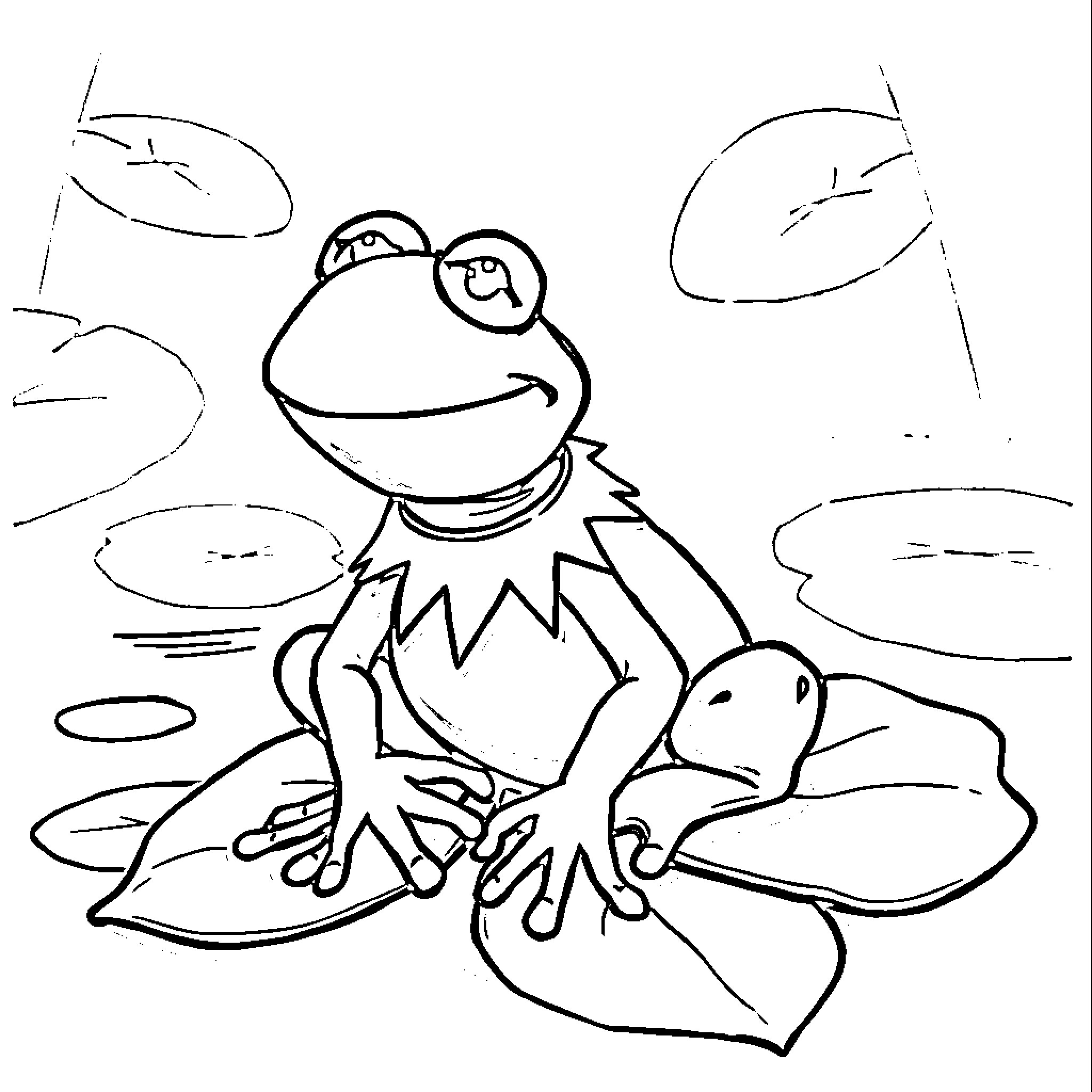 Kermit the Frog sitting happily on a lily pad Coloring Page (free black-and-white line drawing printable PDF for all, from beginners to advanced learners, including children, teens, adults, and seniors)