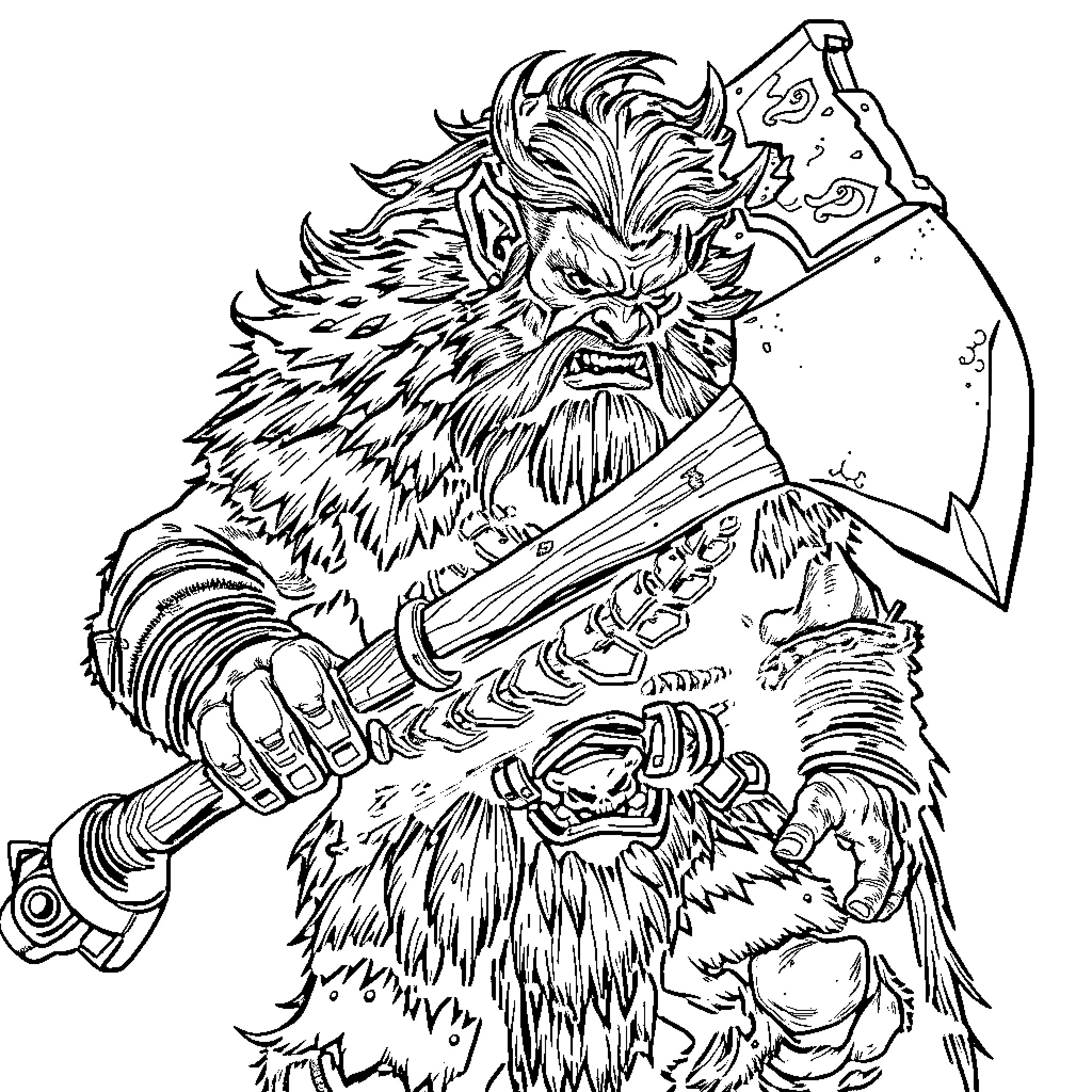 Orc warrior wielding a massive battle axe Coloring Page (free black-and-white line drawing printable PDF for all, from beginners to advanced learners, including children, teens, adults, and seniors)
