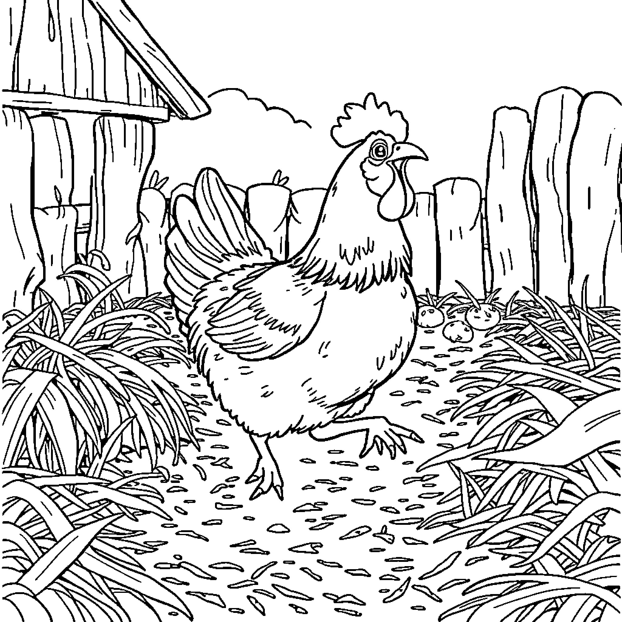 Chicken roaming freely in the countryside Coloring Page (free black-and-white line drawing printable PDF for all, from beginners to advanced learners, including children, teens, adults, and seniors)