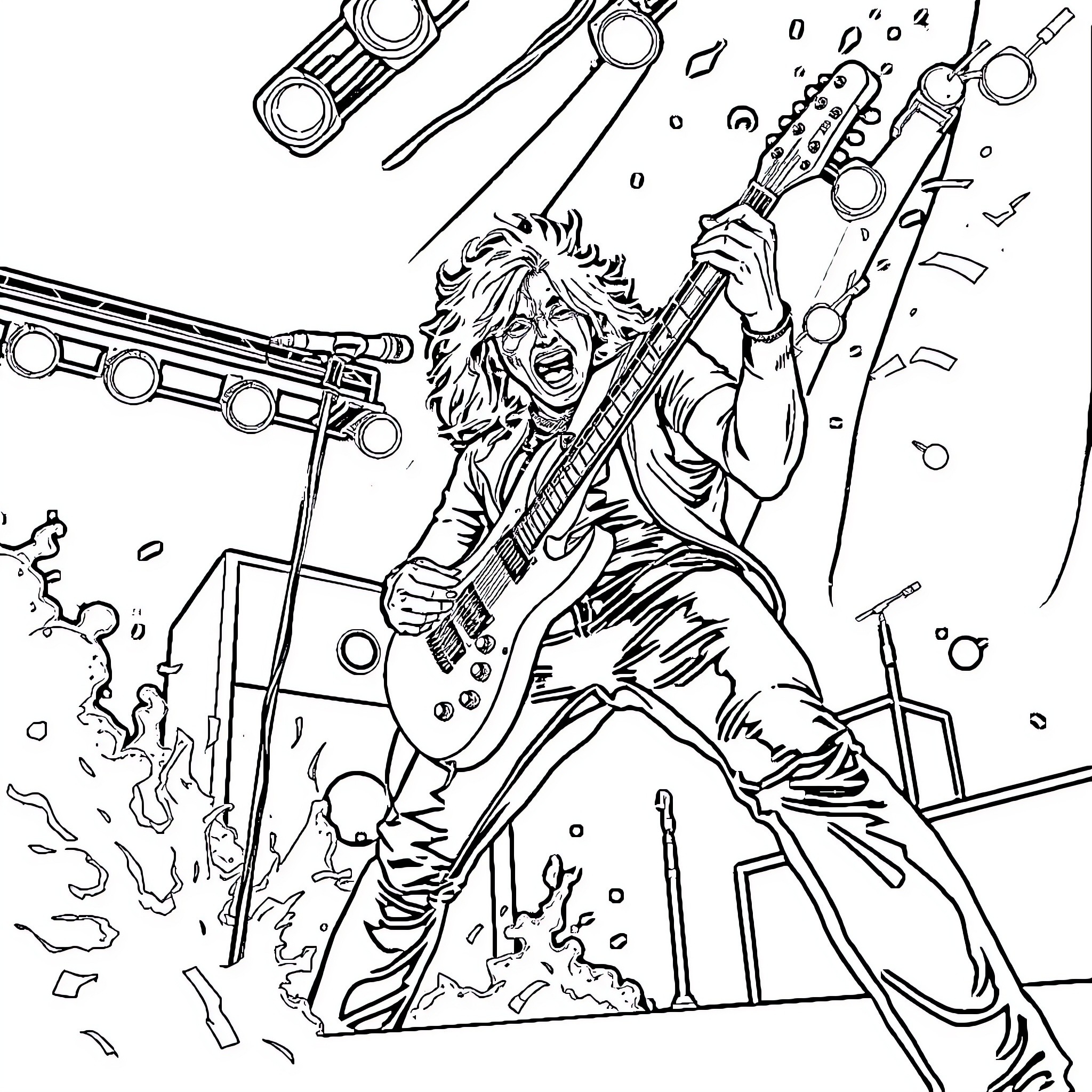 Rock Star Performing Energetically on Stage Coloring Page (free black-and-white line drawing printable PDF for all, from beginners to advanced learners, including children, teens, adults, and seniors)
