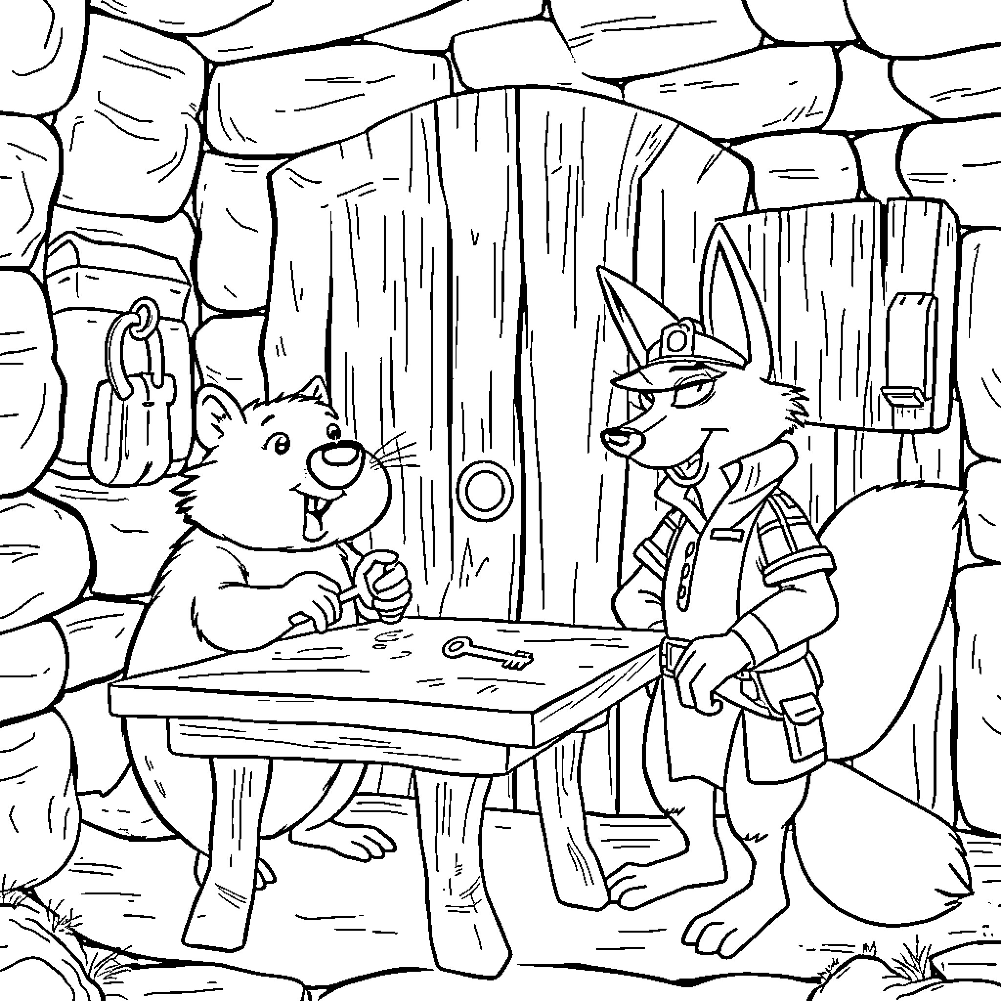 Beaver detective interrogating suspect in wooded cabin Coloring Page (free black-and-white line drawing printable PDF for all, from beginners to advanced learners, including children, teens, adults, and seniors)