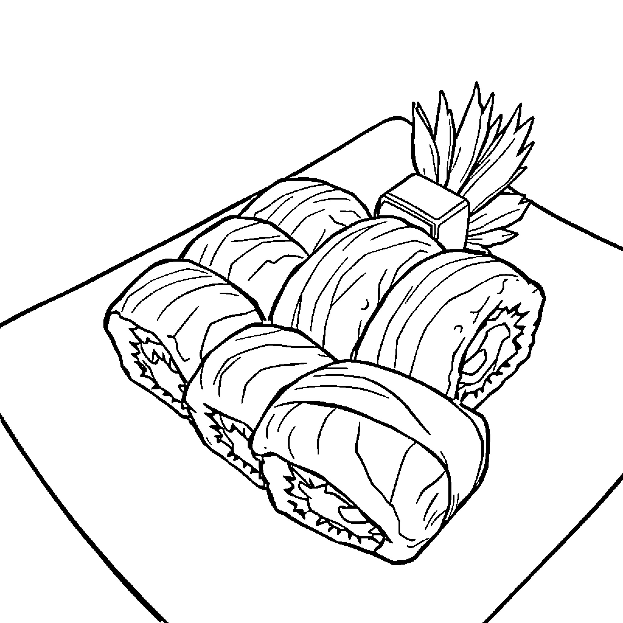 Sushi platter with assorted rolls and garnishes Coloring Page (free black-and-white line drawing printable PDF for all, from beginners to advanced learners, including children, teens, adults, and seniors)