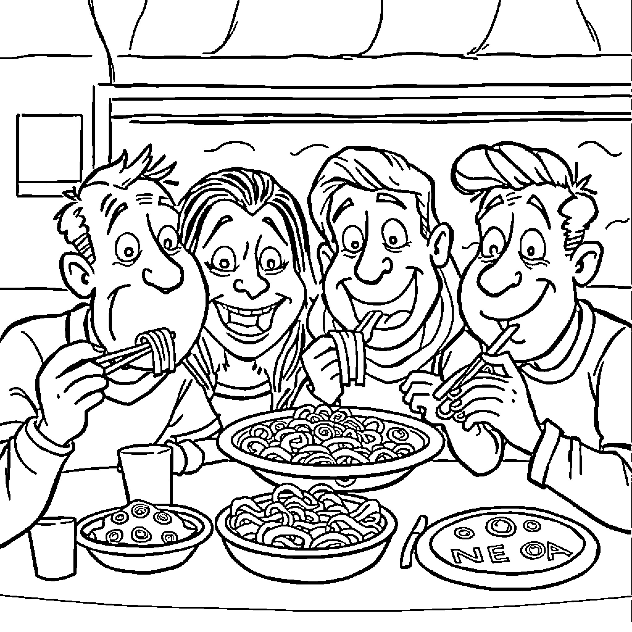 Brain enjoying a meal with friends Coloring Page (free black-and-white line drawing printable PDF for all, from beginners to advanced learners, including children, teens, adults, and seniors)