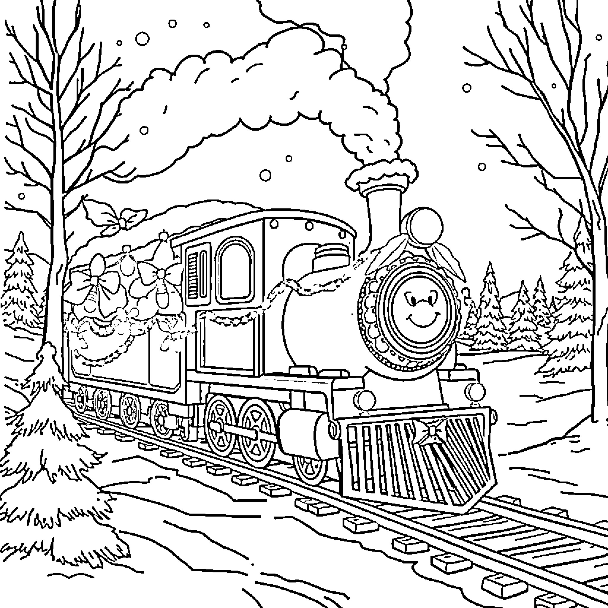 Grinch's Merry Winter Train Adventure Coloring Page (free black-and-white line drawing printable PDF for all, from beginners to advanced learners, including children, teens, adults, and seniors)