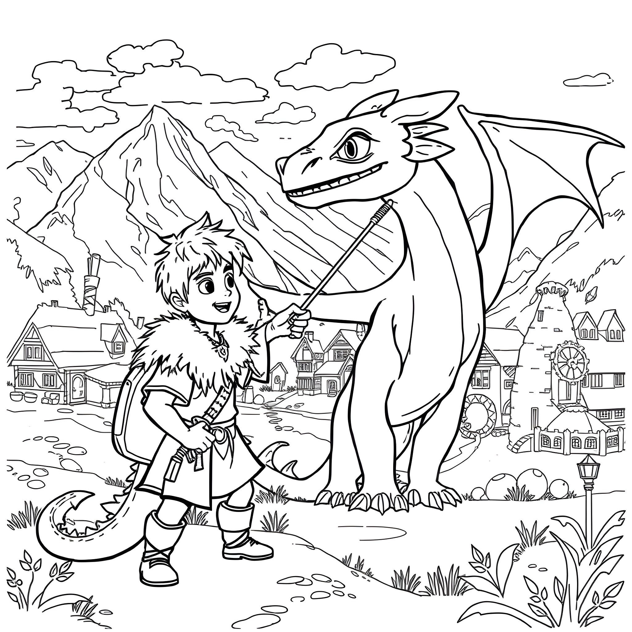 Dragon and brave knight in fantasy landscape Coloring Page (free black-and-white line drawing printable PDF for all, from beginners to advanced learners, including children, teens, adults, and seniors)