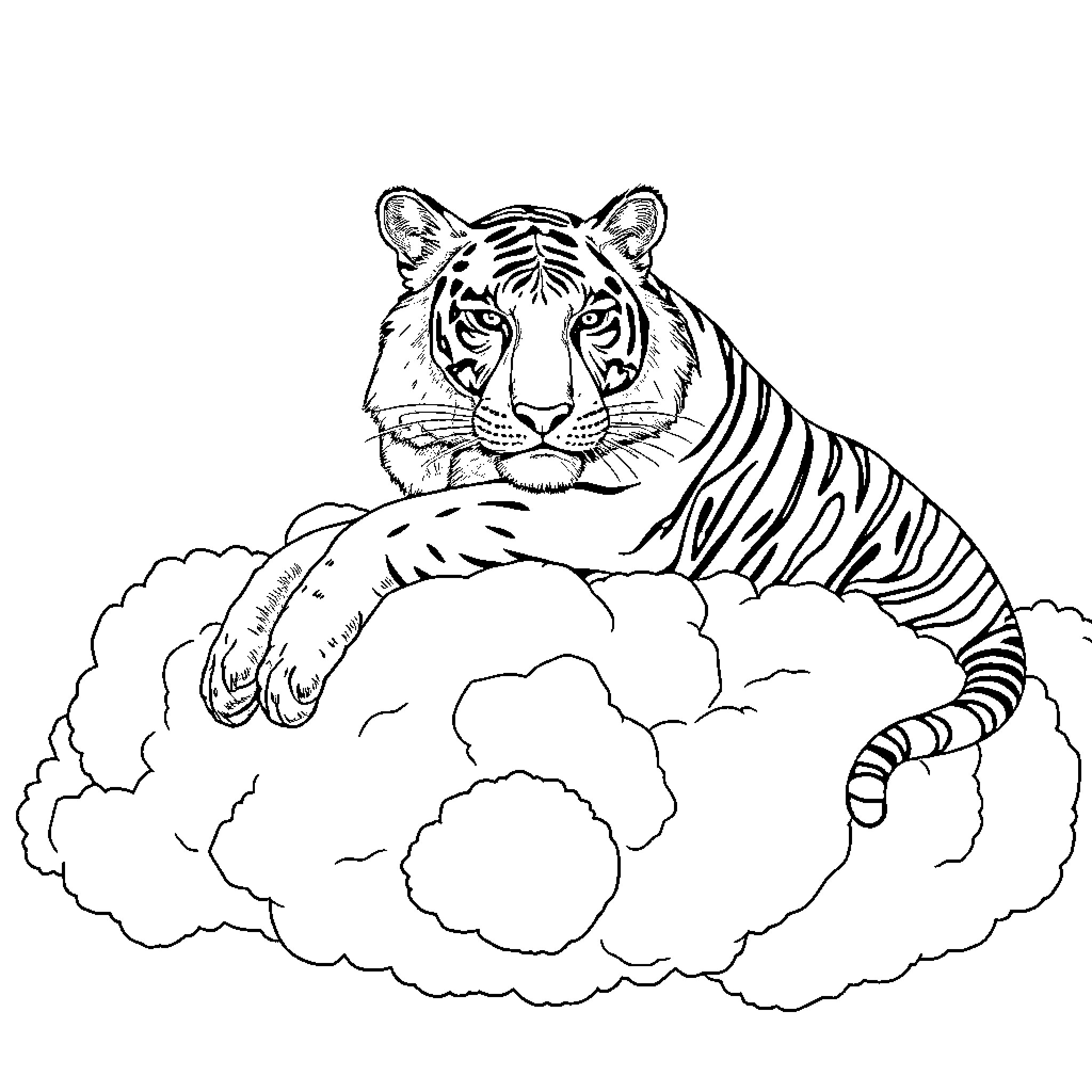 Tiger lounging in the clouds Coloring Page (free black-and-white line drawing printable PDF for all, from beginners to advanced learners, including children, teens, adults, and seniors)