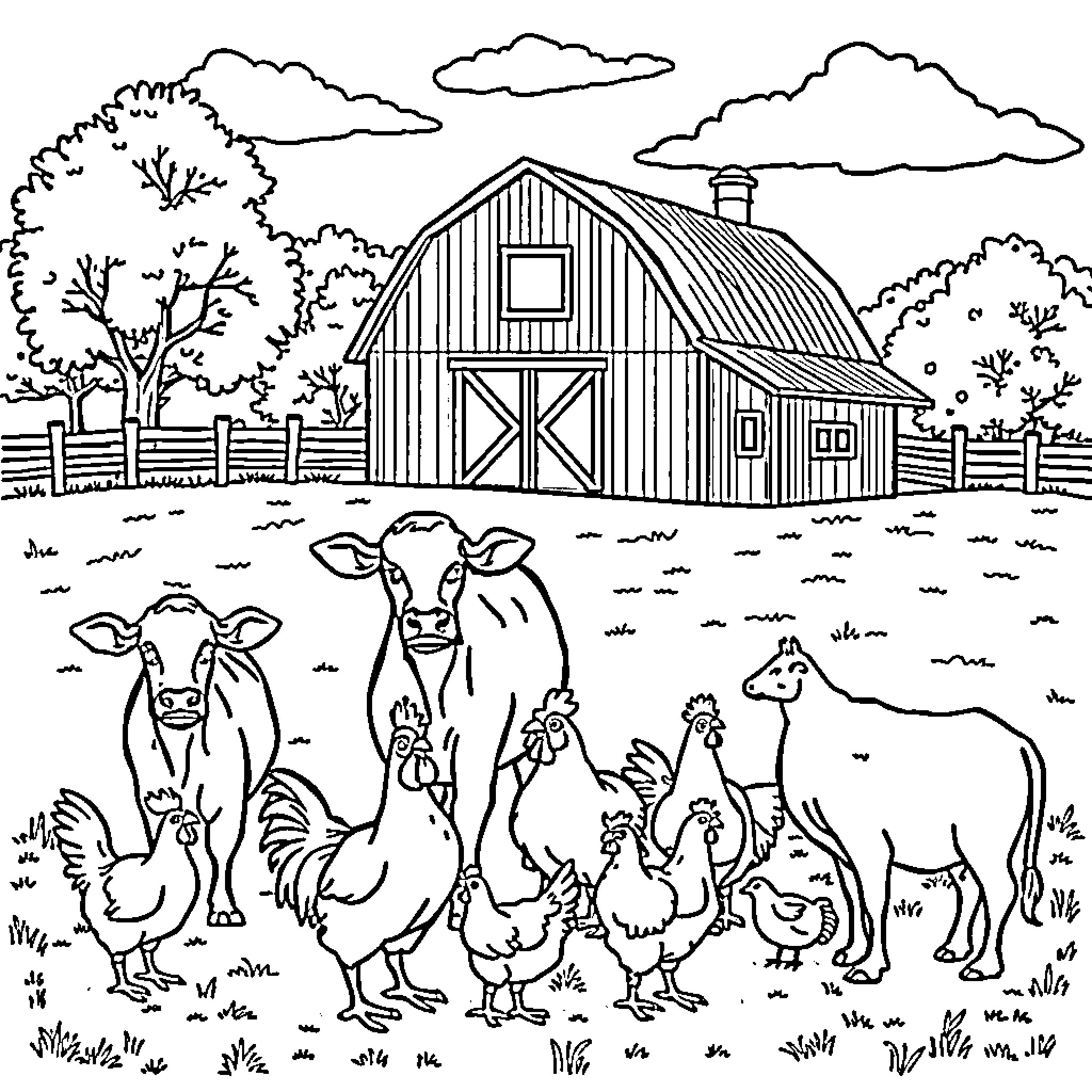 Farm Animal Gathering at the Rustic Barn Coloring Page (free black-and-white line drawing printable PDF for all, from beginners to advanced learners, including children, teens, adults, and seniors)