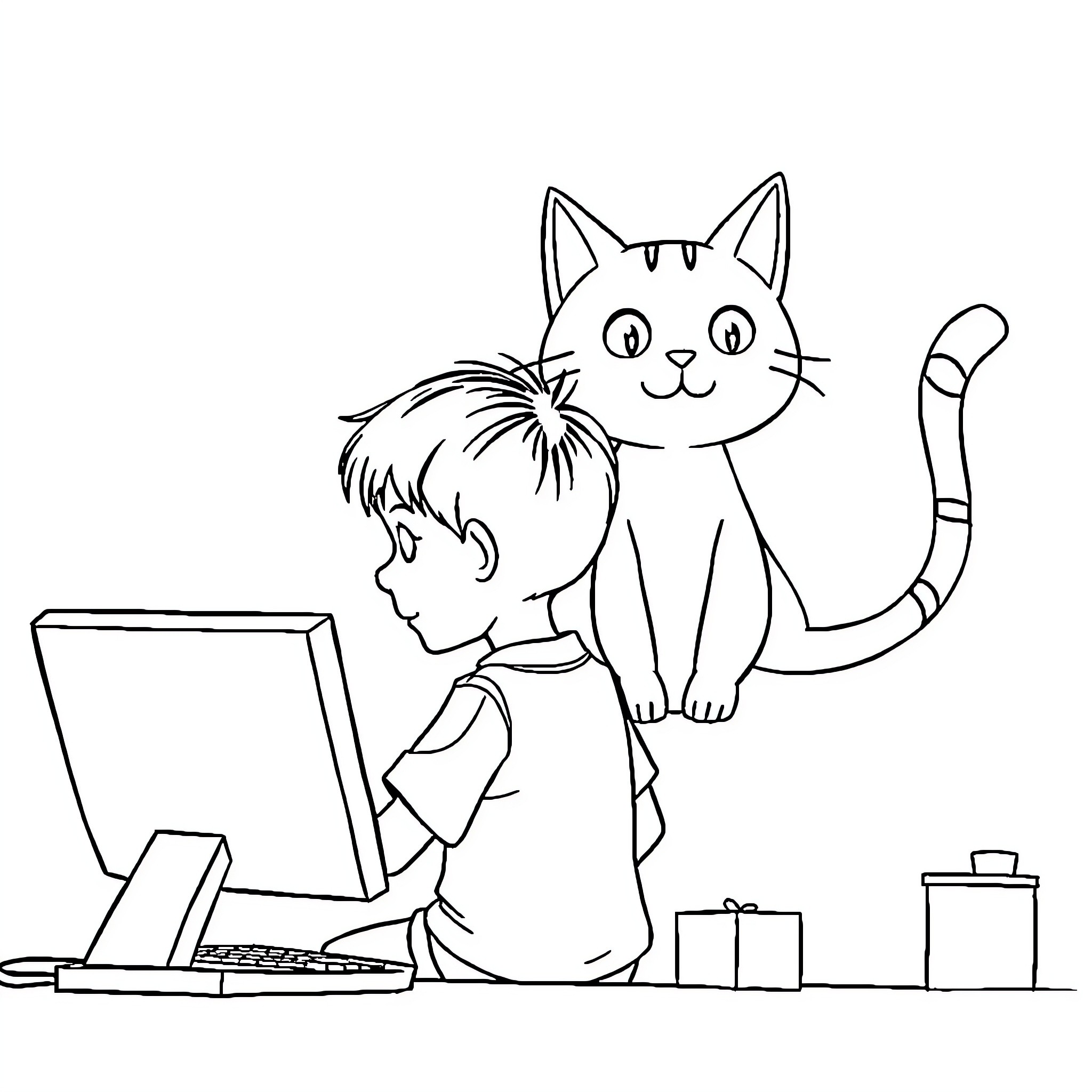 Boy and Girl Enjoying Computer Time with Pet Cat Coloring Page (free black-and-white line drawing printable PDF for all, from beginners to advanced learners, including children, teens, adults, and seniors)
