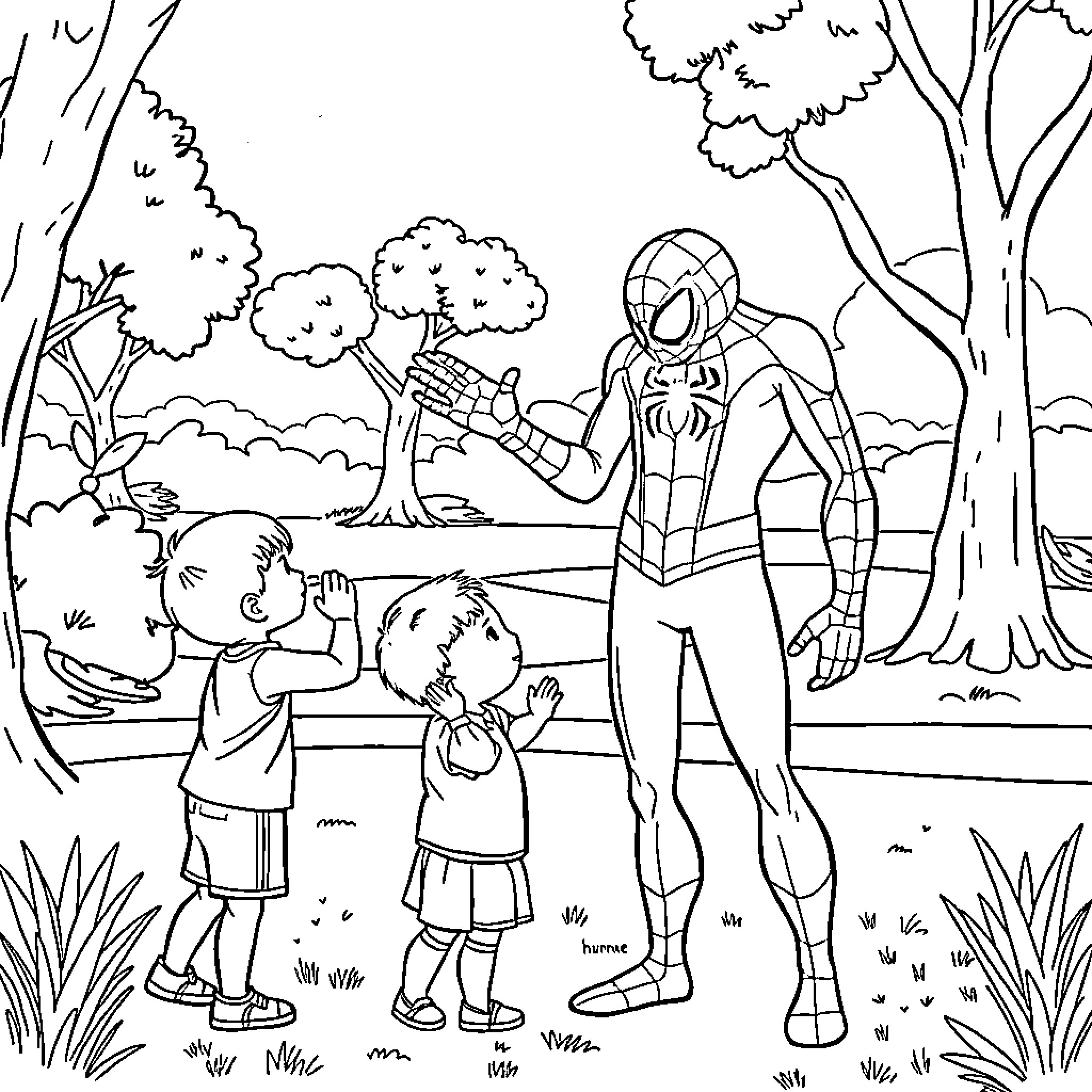 Spider-Man interacting with children in the park Coloring Page (free black-and-white line drawing printable PDF for all, from beginners to advanced learners, including children, teens, adults, and seniors)