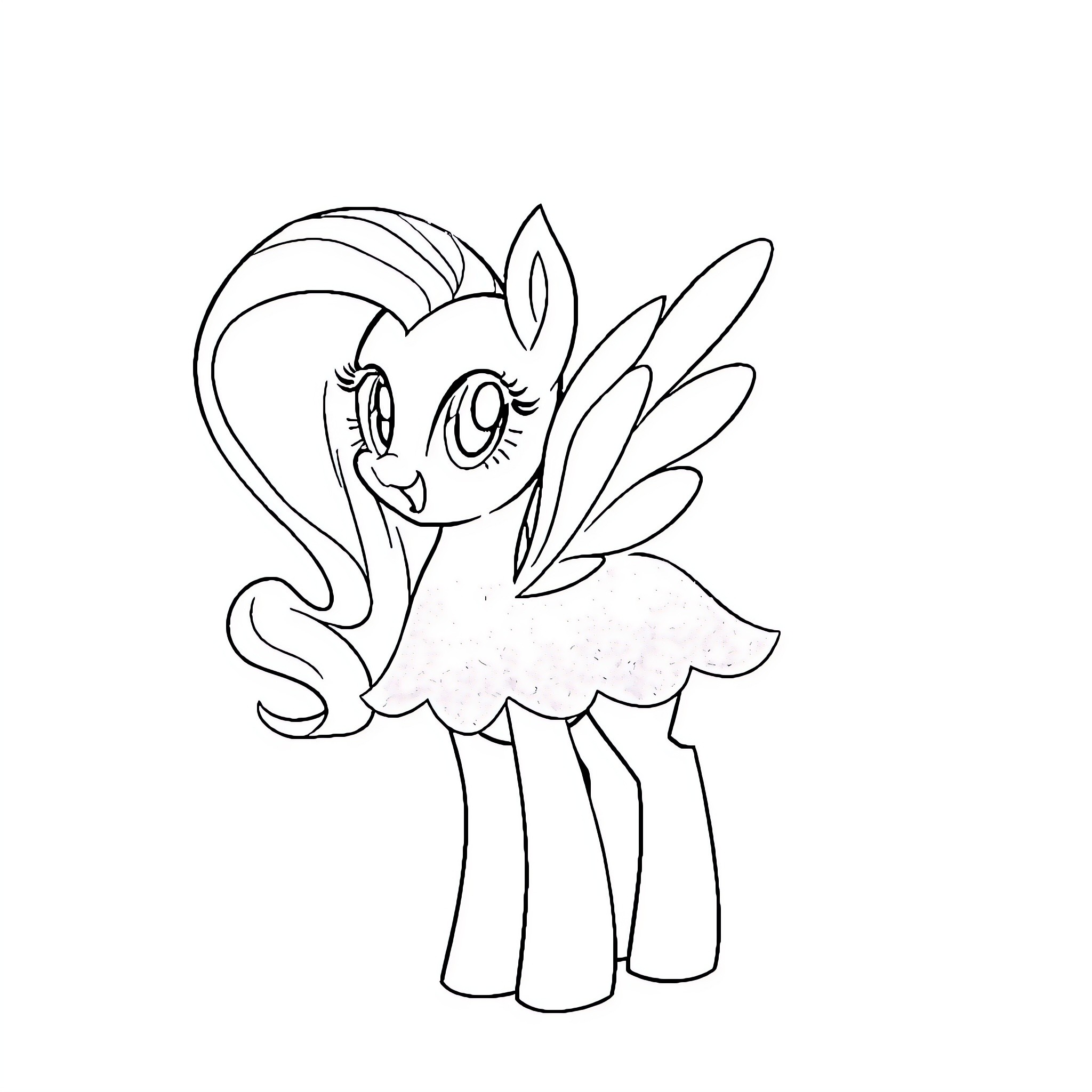 Fluttershy happily smiling and standing Coloring Page (free black-and-white line drawing printable PDF for all, from beginners to advanced learners, including children, teens, adults, and seniors)