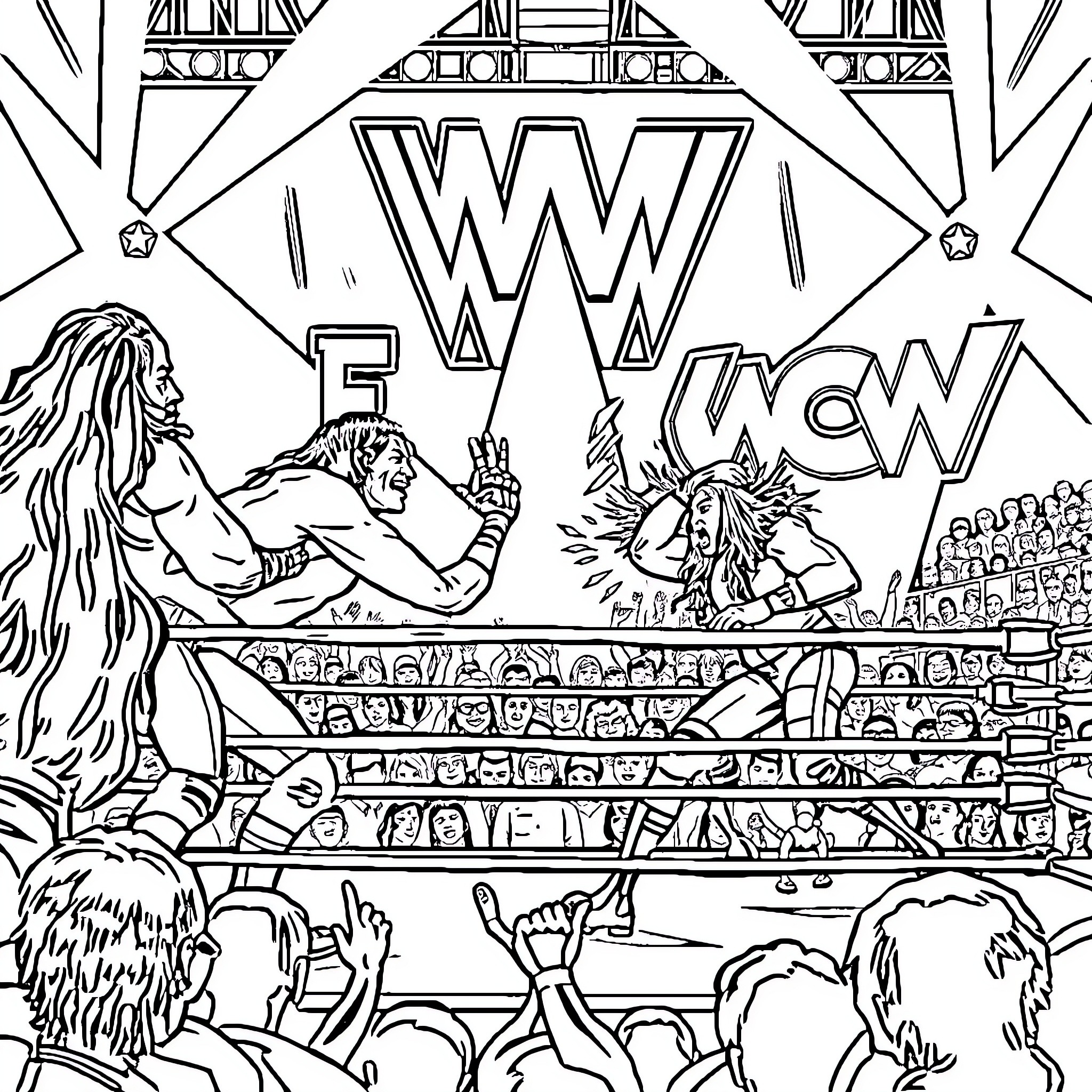 Wrestling action with dramatic expressions and costumes Coloring Page (free black-and-white line drawing printable PDF for all, from beginners to advanced learners, including children, teens, adults, and seniors)
