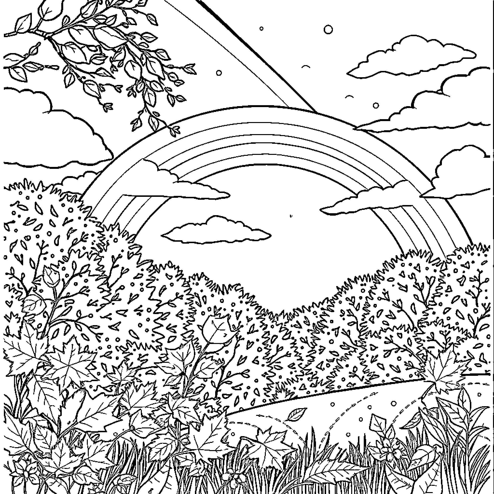 Autumn Landscape with Rainbow and Falling Leaves Coloring Page (free black-and-white line drawing printable PDF for all, from beginners to advanced learners, including children, teens, adults, and seniors)