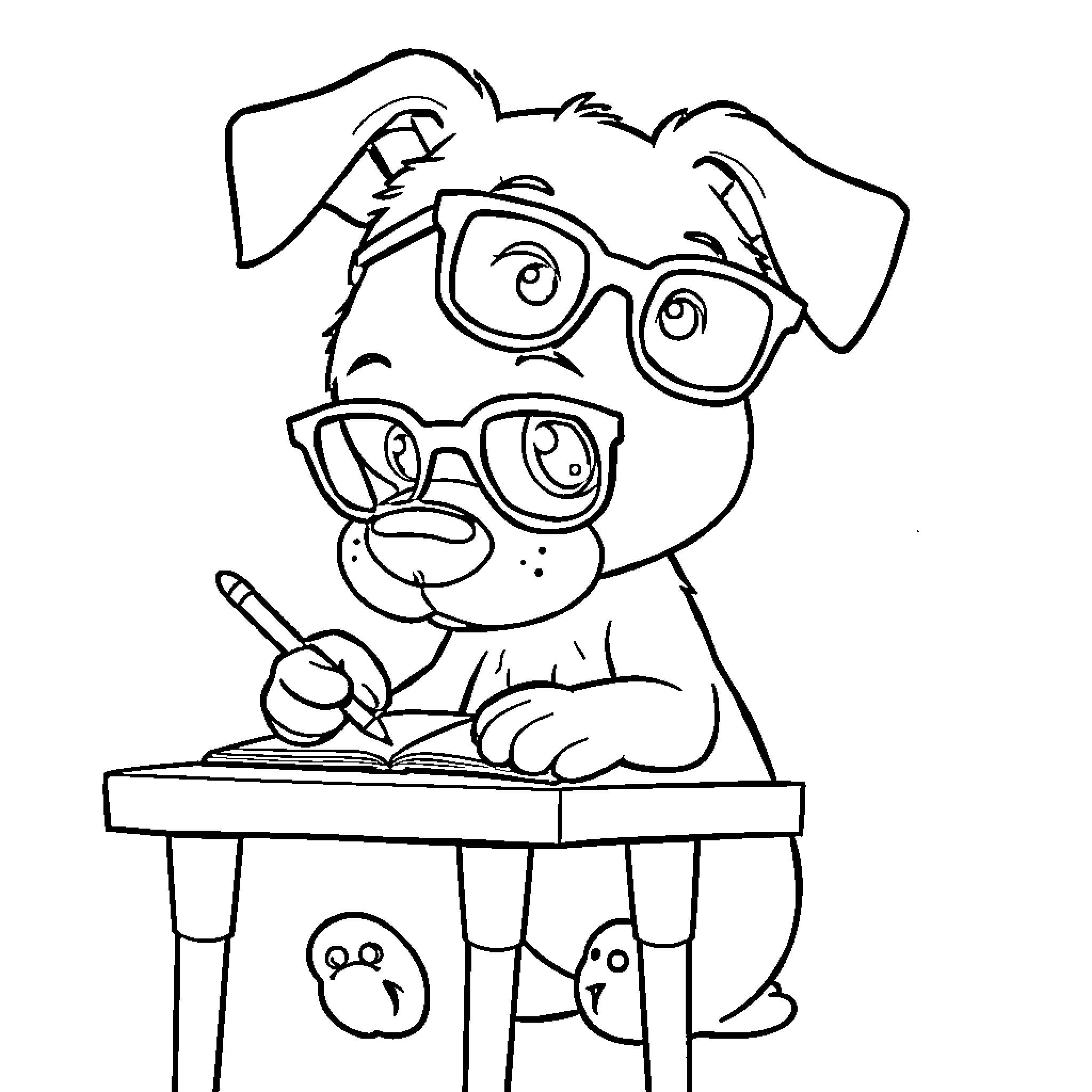 Dog studying diligently at desk Coloring Page (free black-and-white line drawing printable PDF for all, from beginners to advanced learners, including children, teens, adults, and seniors)