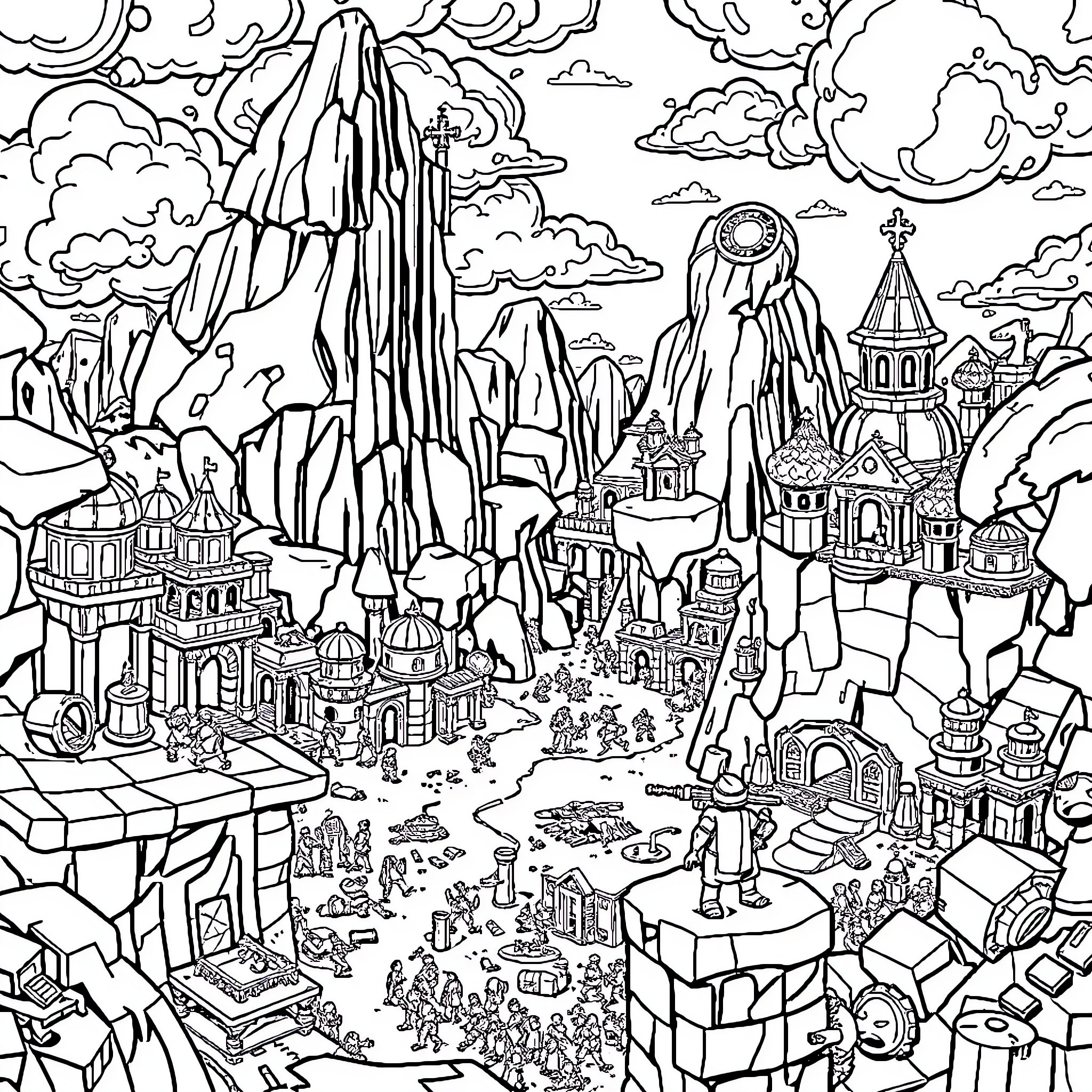 Fortnite: Fantastical Landscape with Towering Structures Coloring Page (free black-and-white line drawing printable PDF for all, from beginners to advanced learners, including children, teens, adults, and seniors)