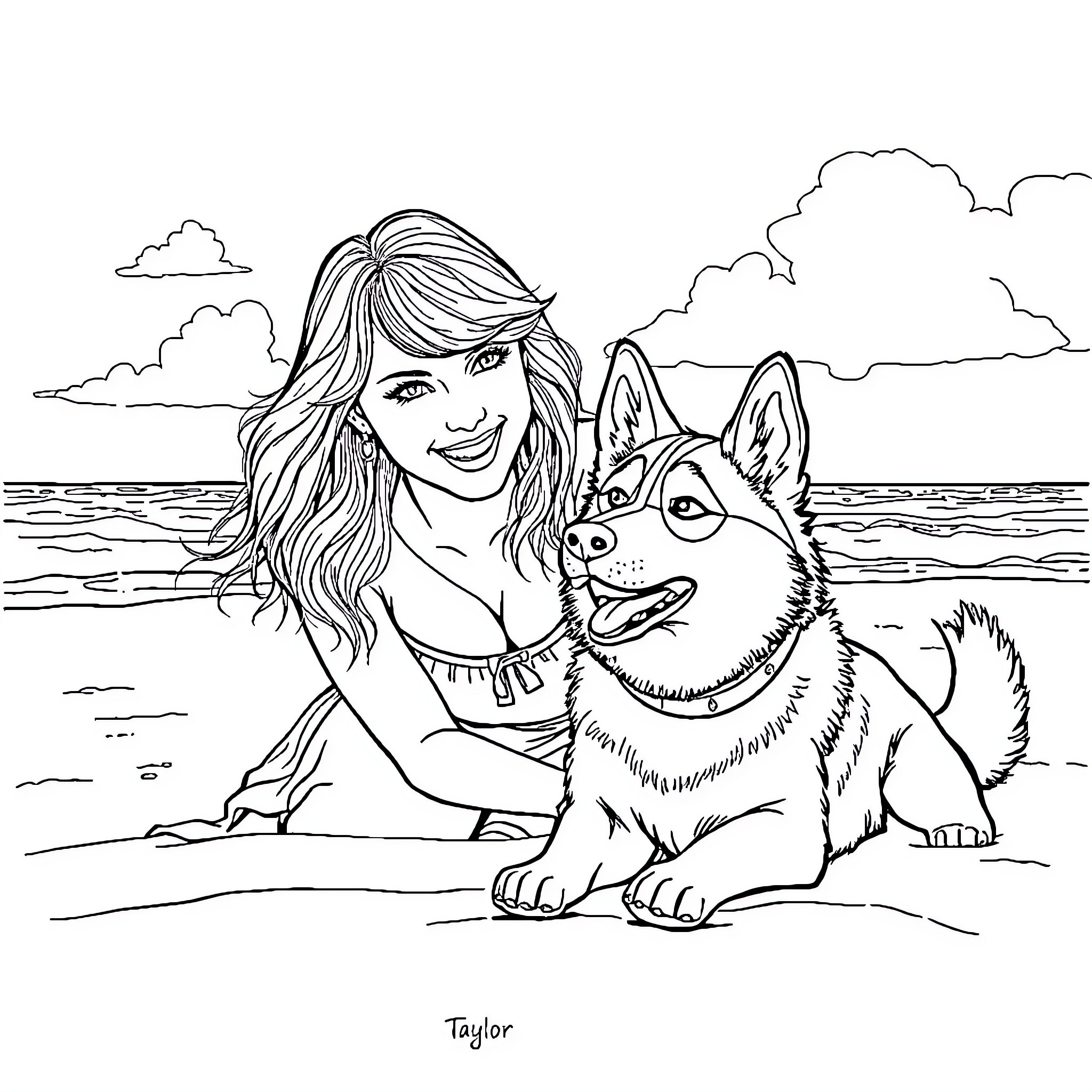 Taylor Swift posing with a friendly dog on the beach Coloring Page (free black-and-white line drawing printable PDF for all, from beginners to advanced learners, including children, teens, adults, and seniors)