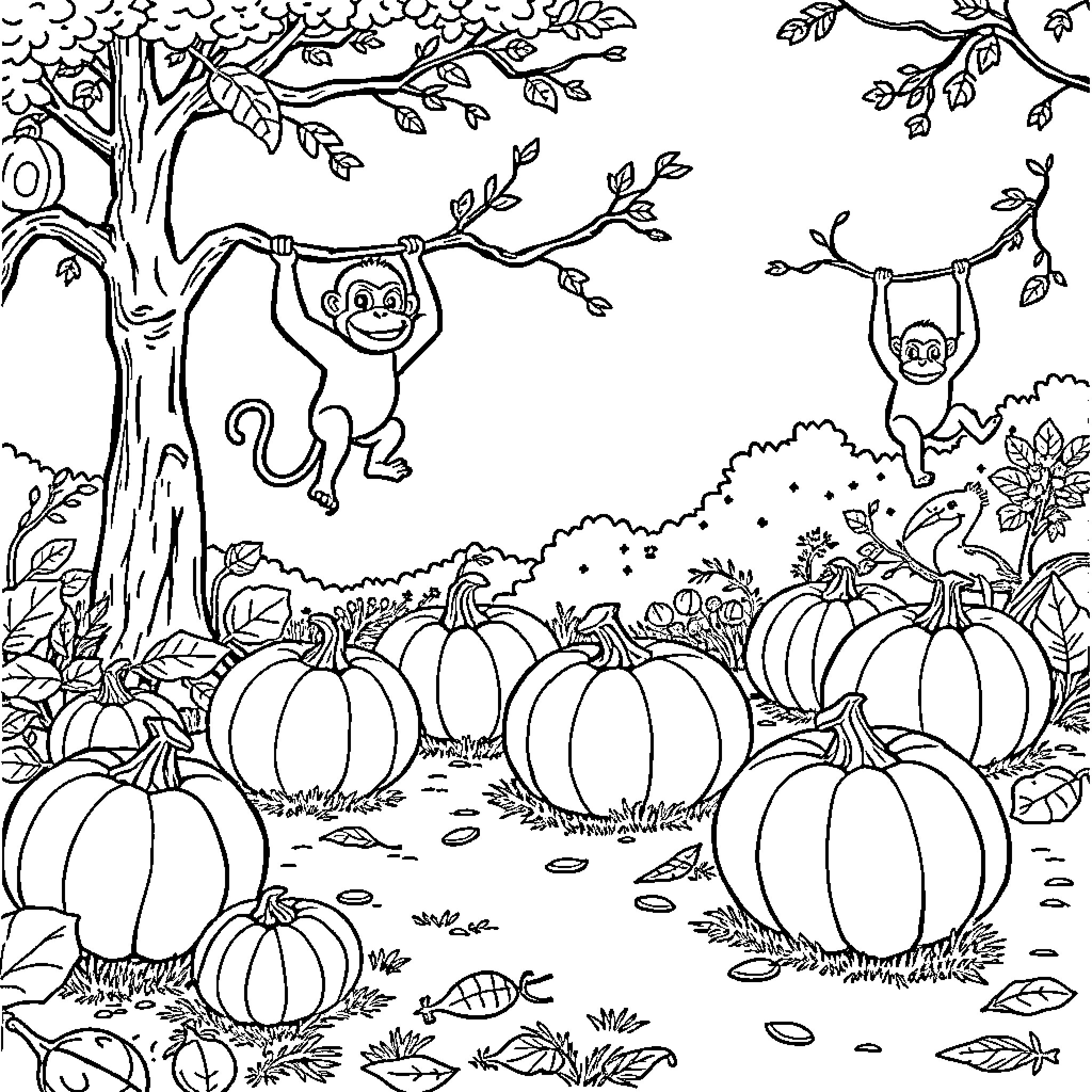 Pumpkin Patch with Playful Monkeys Coloring Page (free black-and-white line drawing printable PDF for all, from beginners to advanced learners, including children, teens, adults, and seniors)