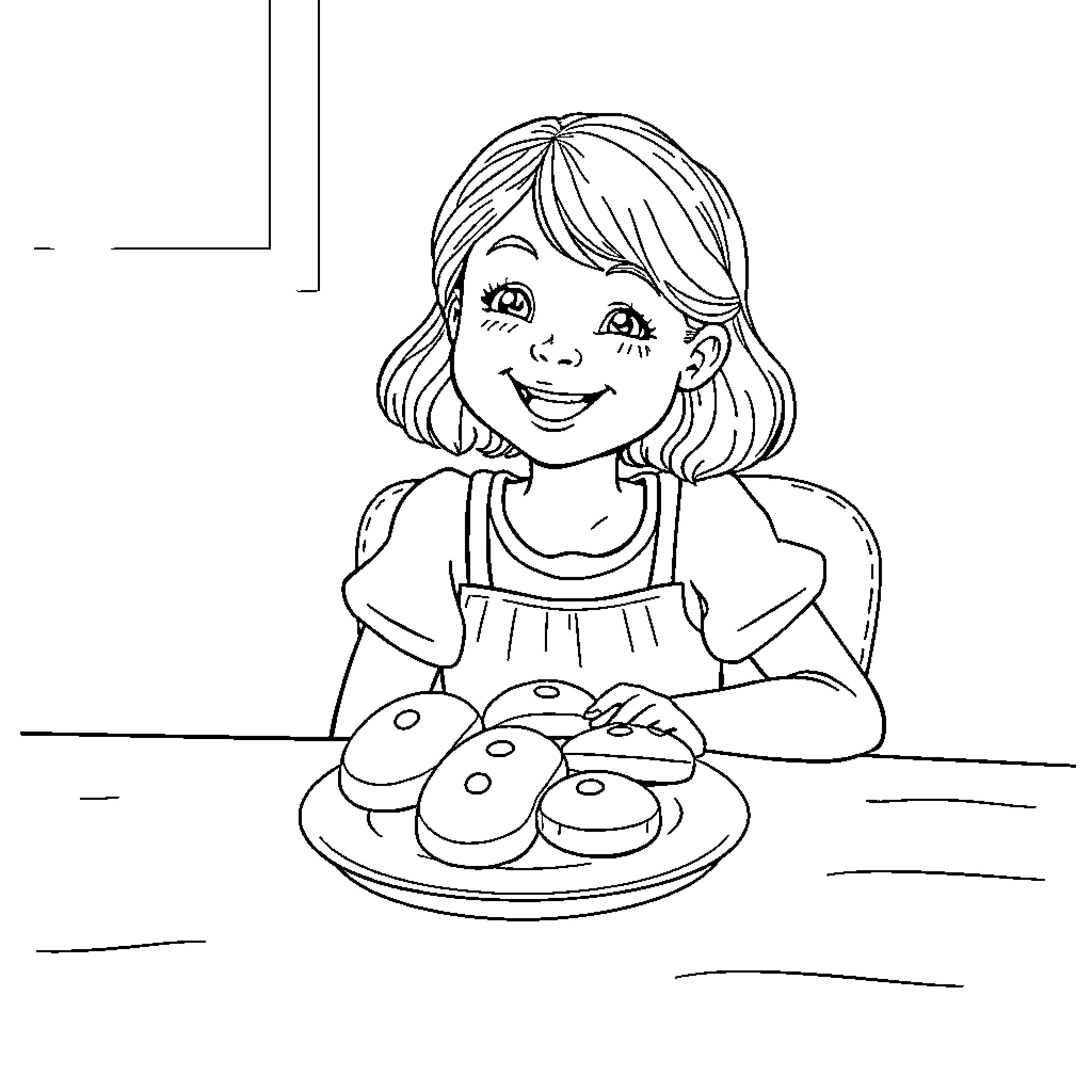Girl cheerfully serving homemade pastries Coloring Page (free black-and-white line drawing printable PDF for all, from beginners to advanced learners, including children, teens, adults, and seniors)