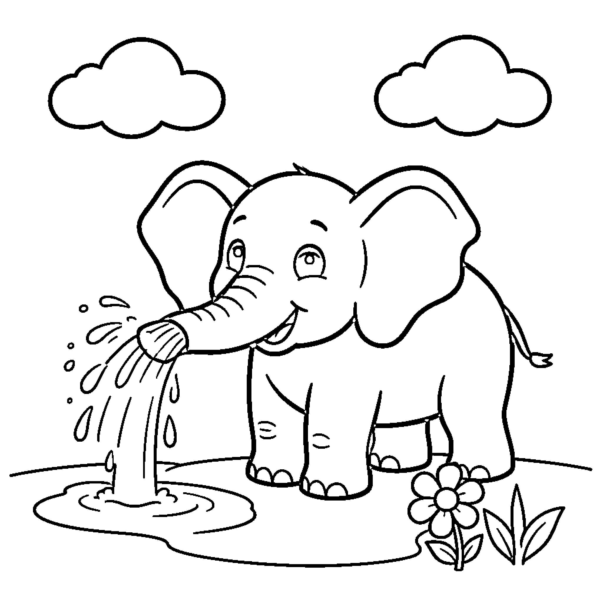 Elephant spraying water in a field Coloring Page (free black-and-white line drawing printable PDF for all, from beginners to advanced learners, including children, teens, adults, and seniors)