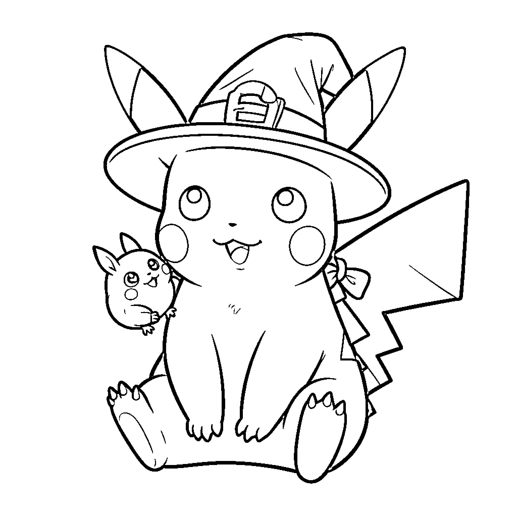 Pikachu wearing a witch hat with a small companion Coloring Page (free black-and-white line drawing printable PDF for all, from beginners to advanced learners, including children, teens, adults, and seniors)