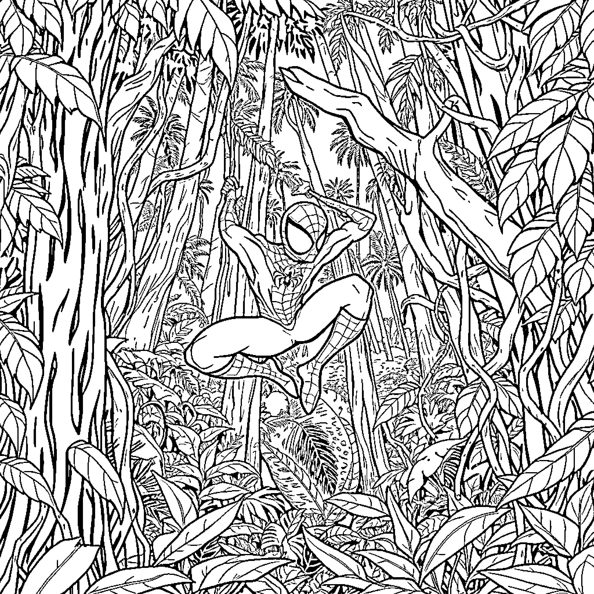 Spiderman swinging through the jungle Coloring Page (free black-and-white line drawing printable PDF for all, from beginners to advanced learners, including children, teens, adults, and seniors)