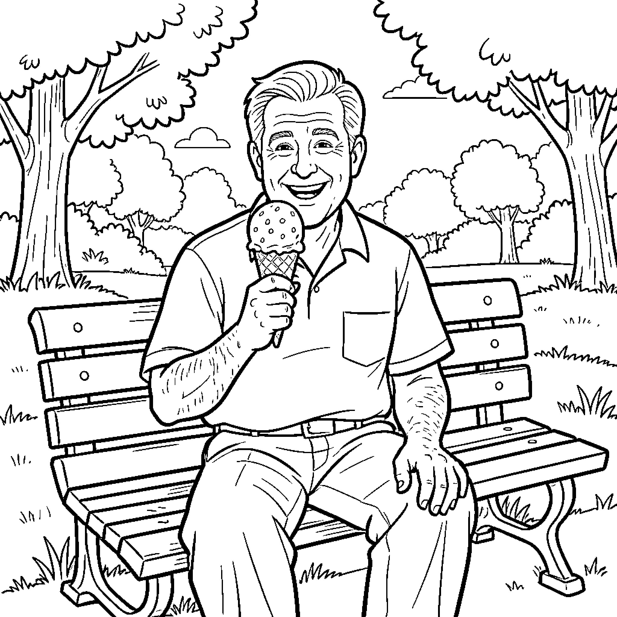 Arnold Palmer enjoying an ice cream on a park bench Coloring Page (free black-and-white line drawing printable PDF for all, from beginners to advanced learners, including children, teens, adults, and seniors)