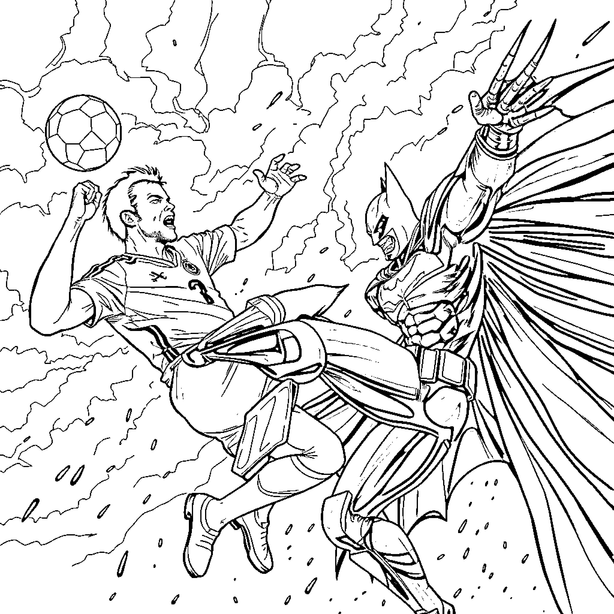 Ronaldo Facing Mythical Creature in Dynamic Clash Coloring Page (free black-and-white line drawing printable PDF for all, from beginners to advanced learners, including children, teens, adults, and seniors)