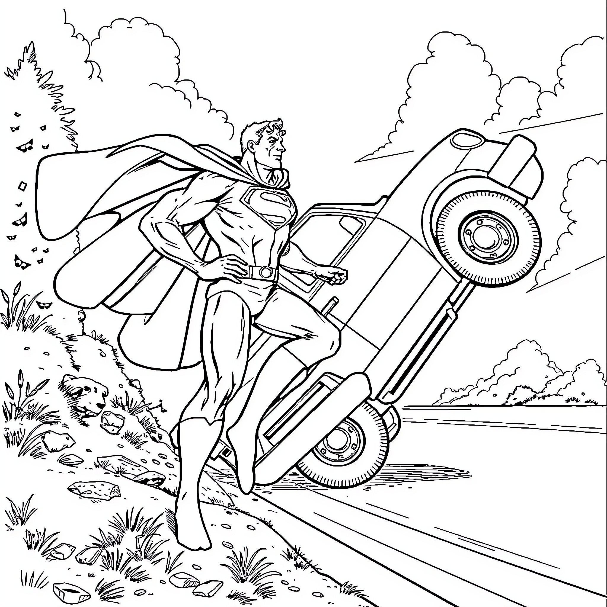 Superman lifting a car with determination Coloring Page (free black-and-white line drawing printable PDF for all, from beginners to advanced learners, including children, teens, adults, and seniors)