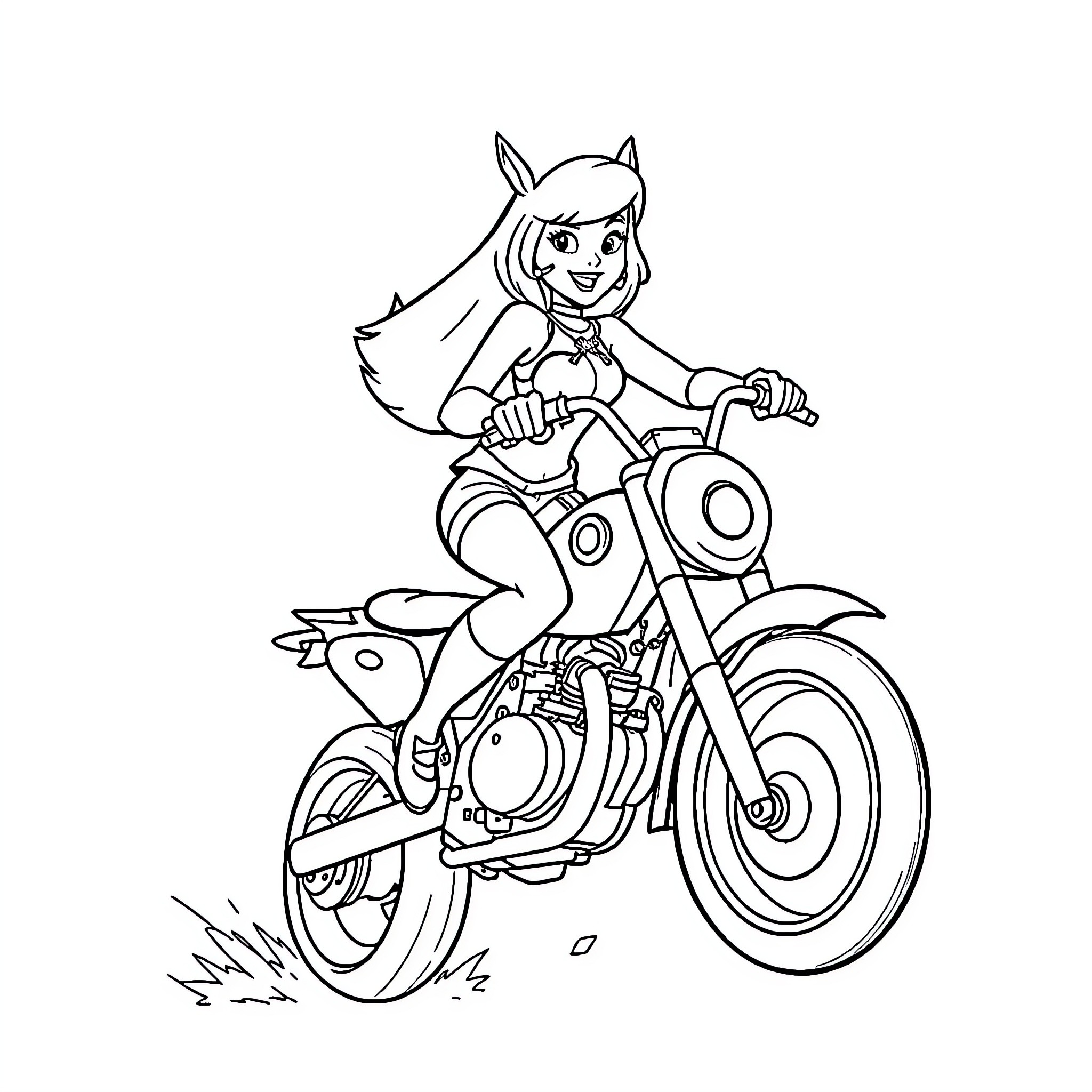 Daphne riding a motorcycle cheerfully Coloring Page (free black-and-white line drawing printable PDF for all, from beginners to advanced learners, including children, teens, adults, and seniors)