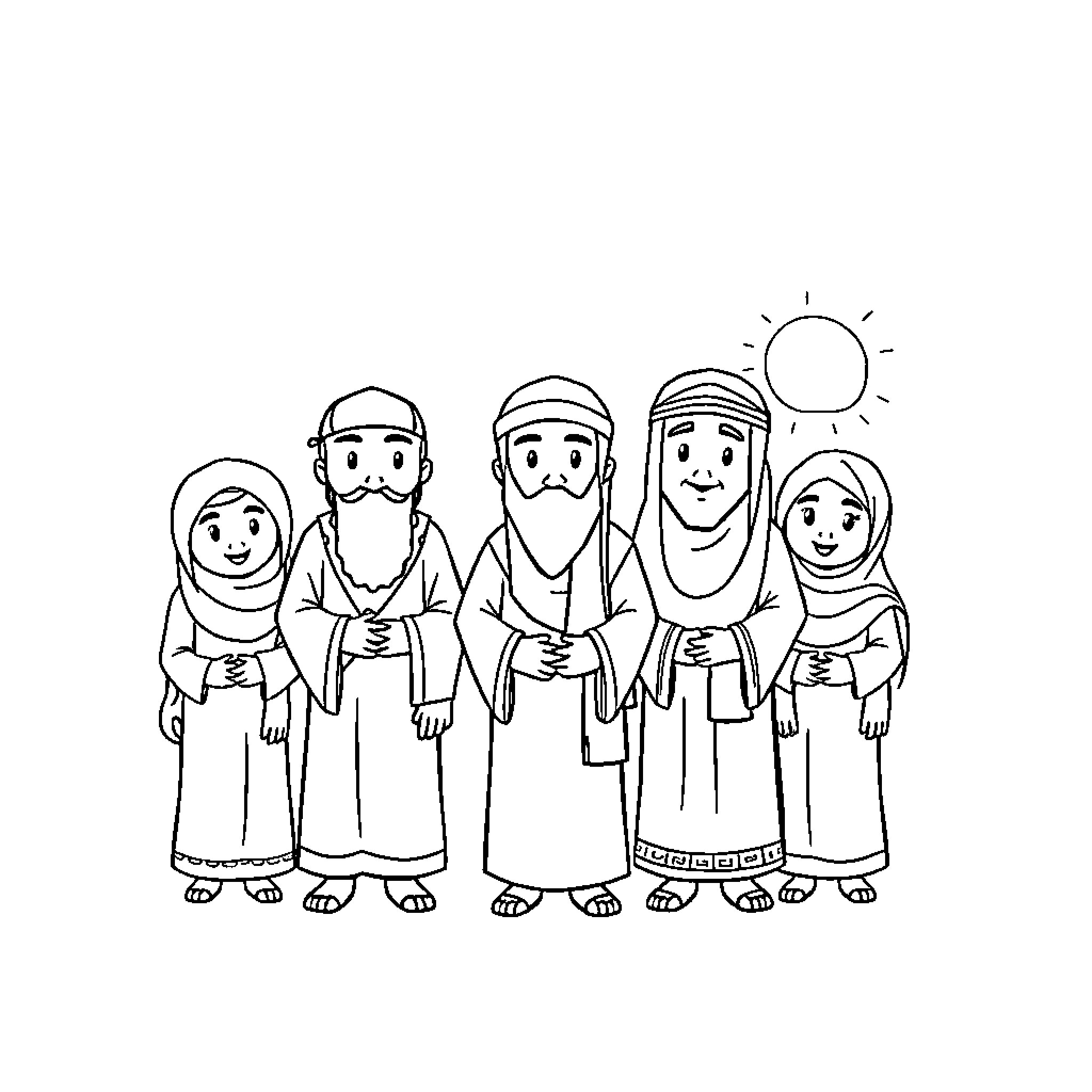Islamic Cartoon of a Family in Traditional Attire Coloring Page (free black-and-white line drawing printable PDF for all, from beginners to advanced learners, including children, teens, adults, and seniors)